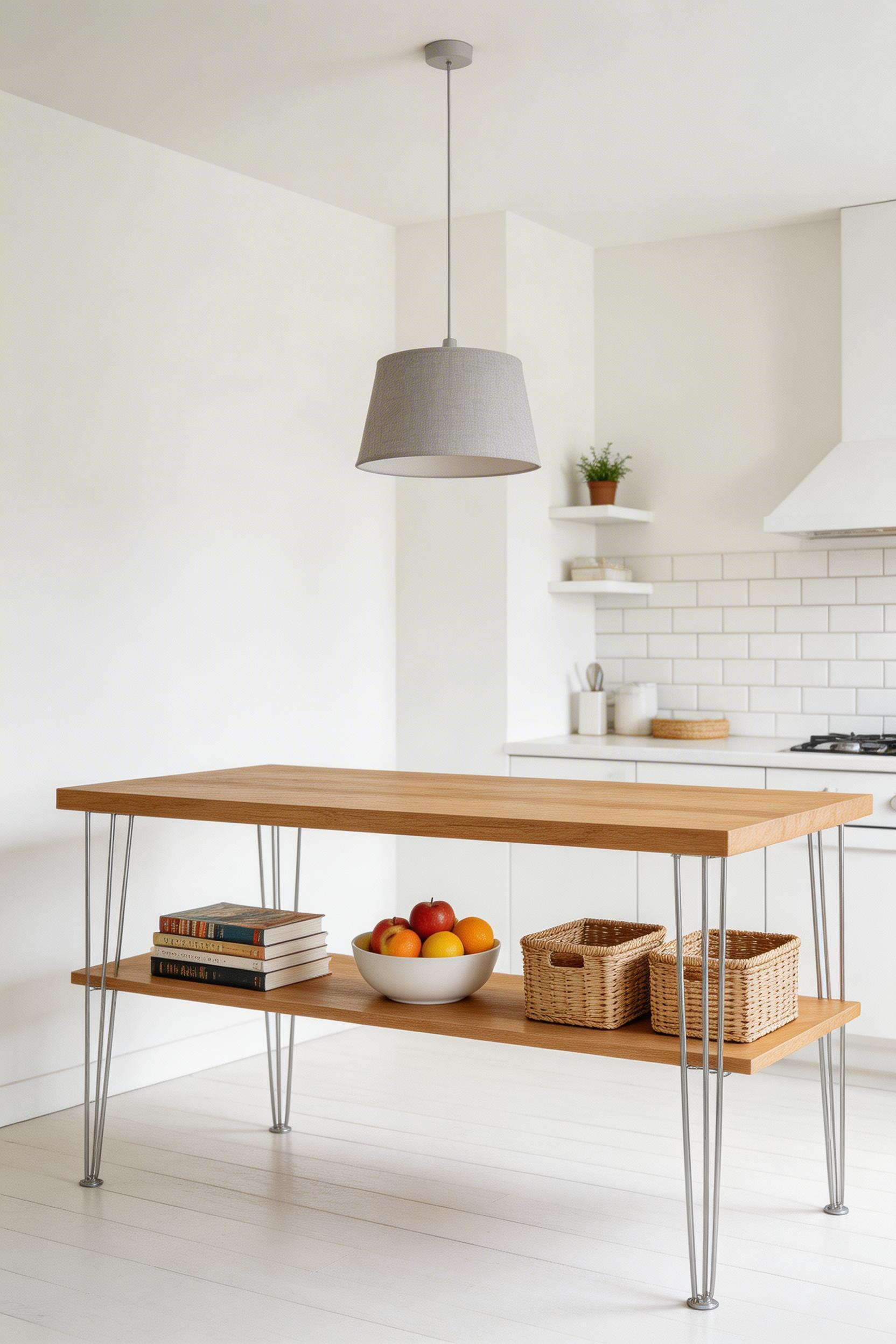Hairpin legs and open shelving below keep a small kitchen island visually light, letting the eye travel through rather than stopping at cabinet doors.