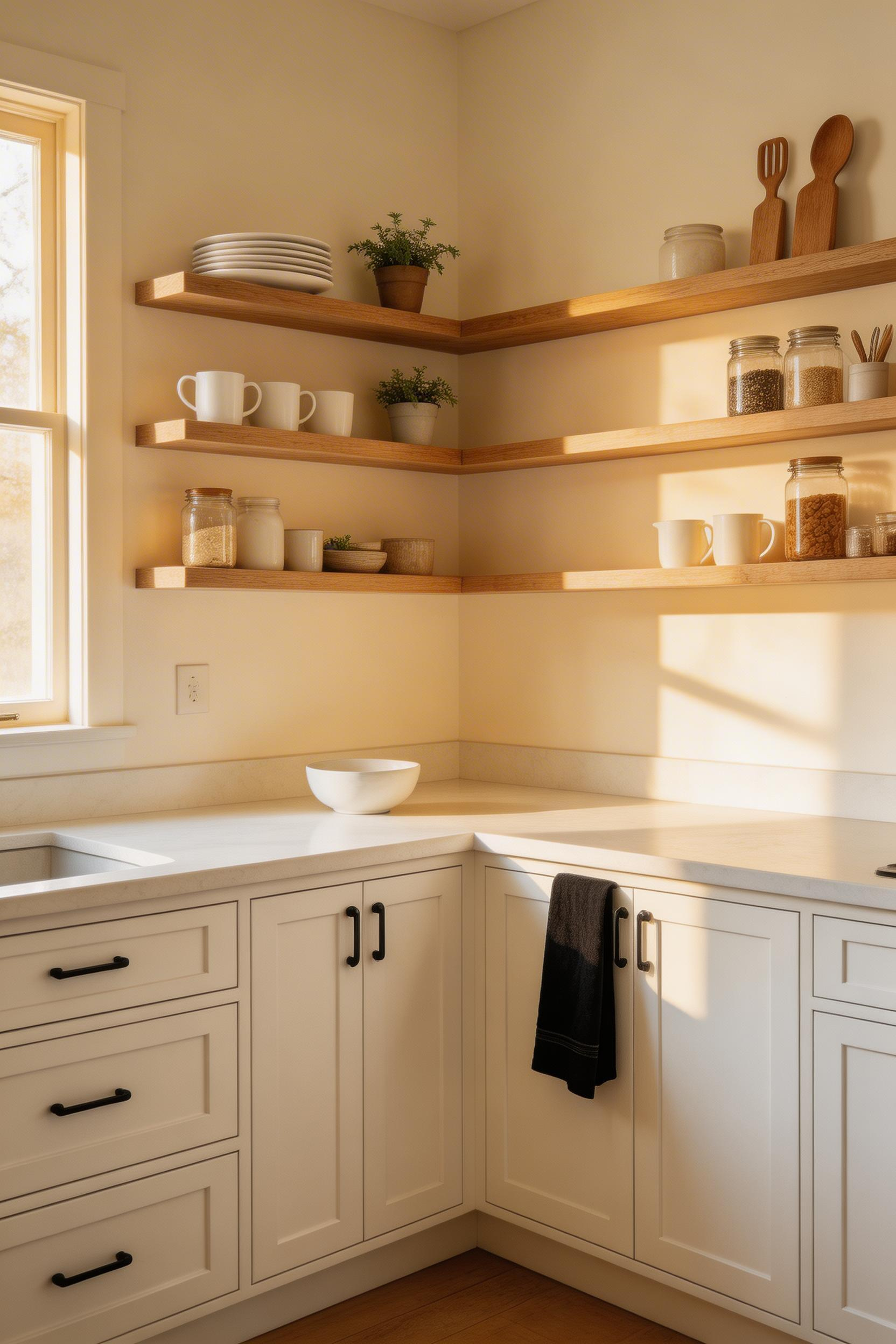 An L-shaped corner island recovers 12–18 square feet of dead corner space while keeping the two active corridors clear.