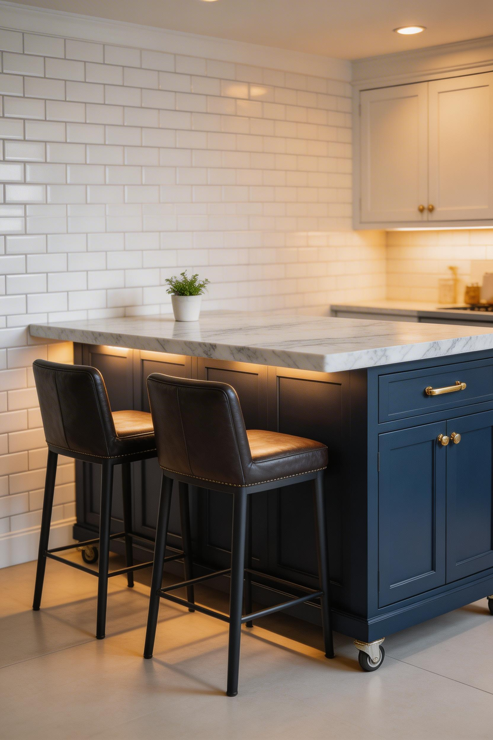 A marble-top island — whether real Carrara, marble-look porcelain, or contact paper — adds immediate visual refinement to a small kitchen at any budget level.