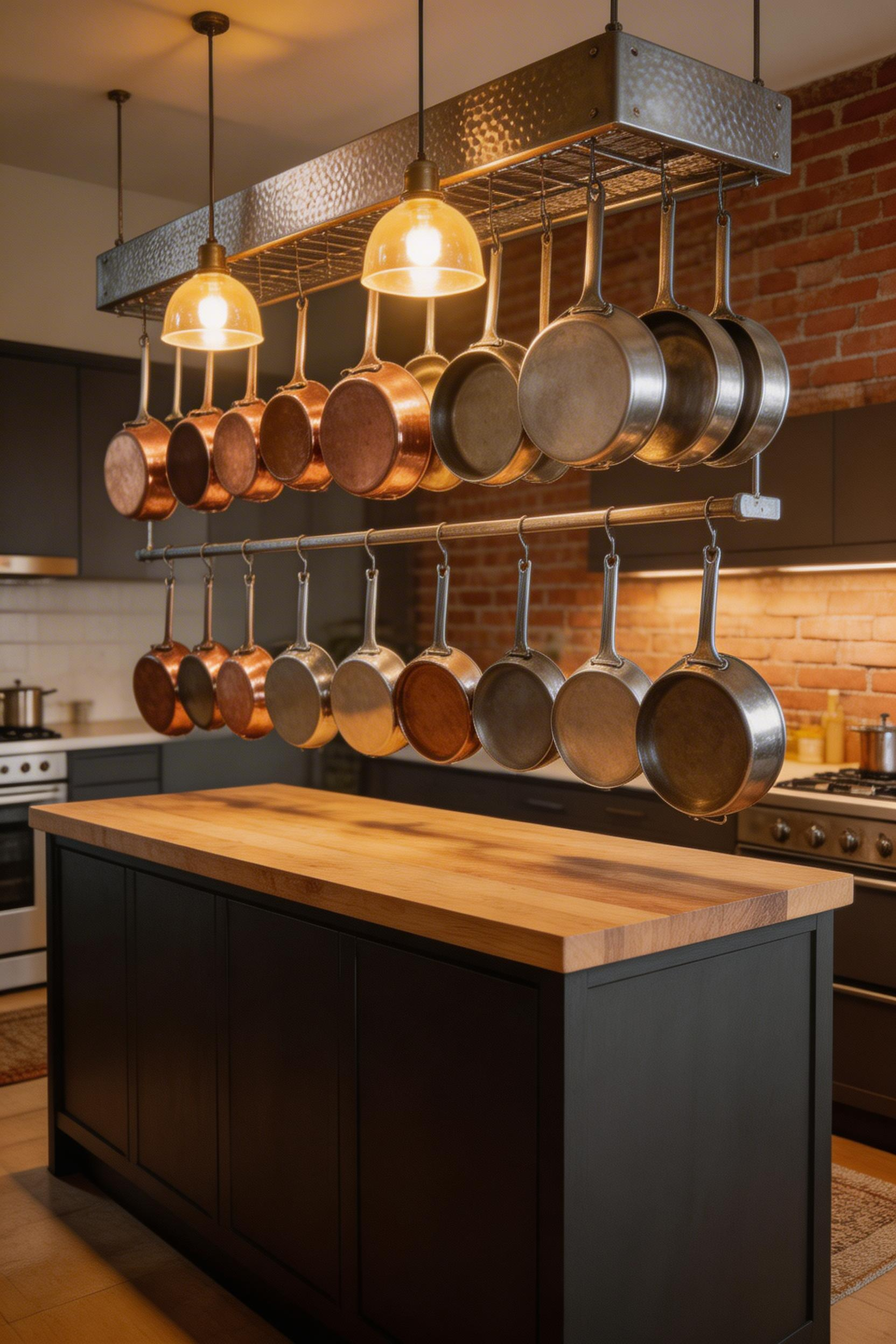 A narrow galley island pairs with overhead pot storage to gain prep space without sacrificing corridor clearance.