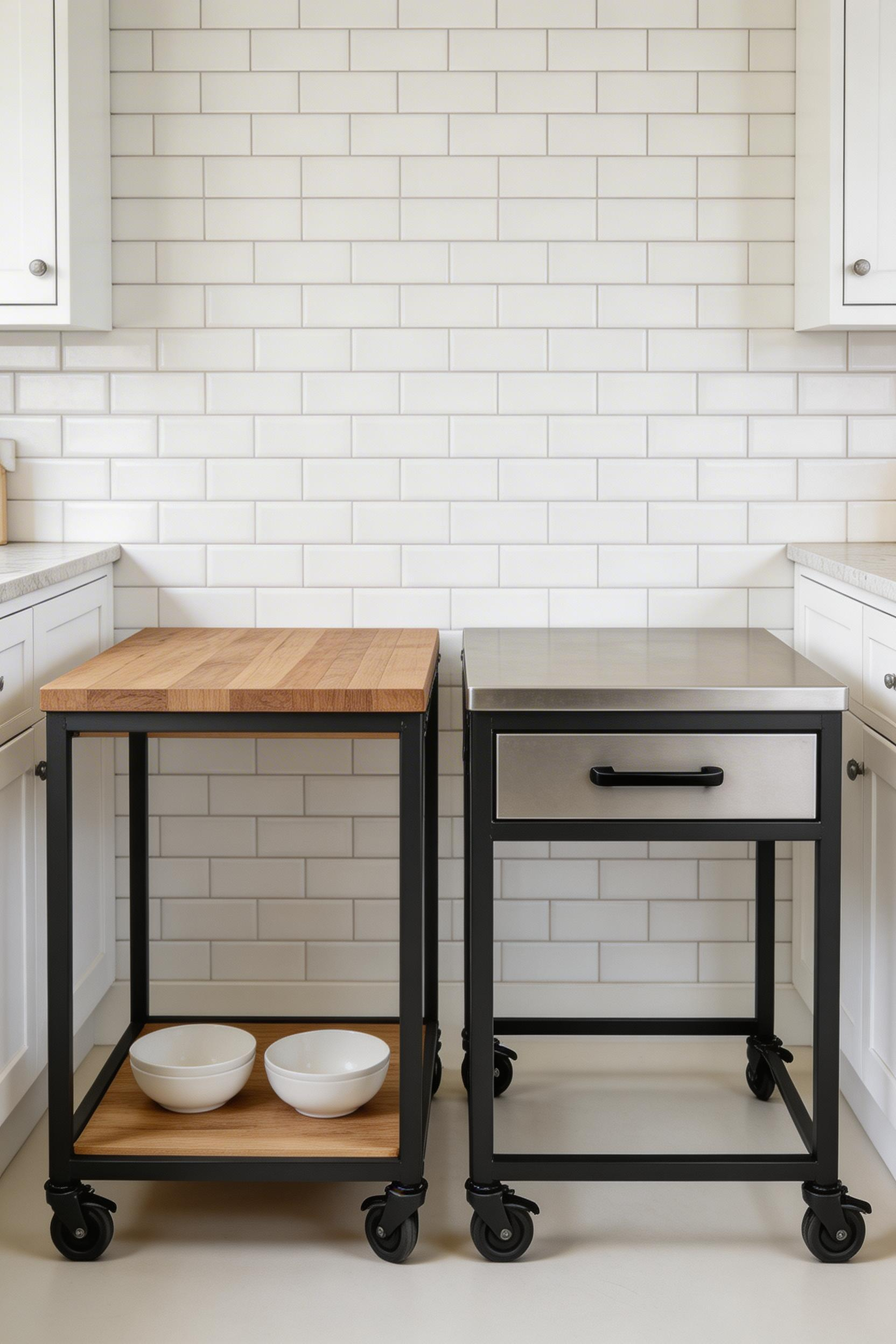 Two coordinating rolling carts give galley kitchens the prep surface of a single large island while keeping each piece independently mobile.