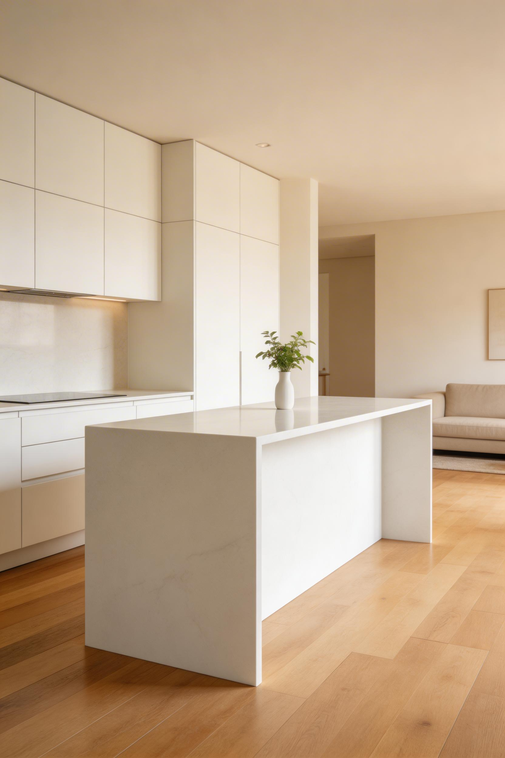 A slim waterfall island defines kitchen and living zones without the visual mass of a wall, using the countertop to flow from surface to floor.