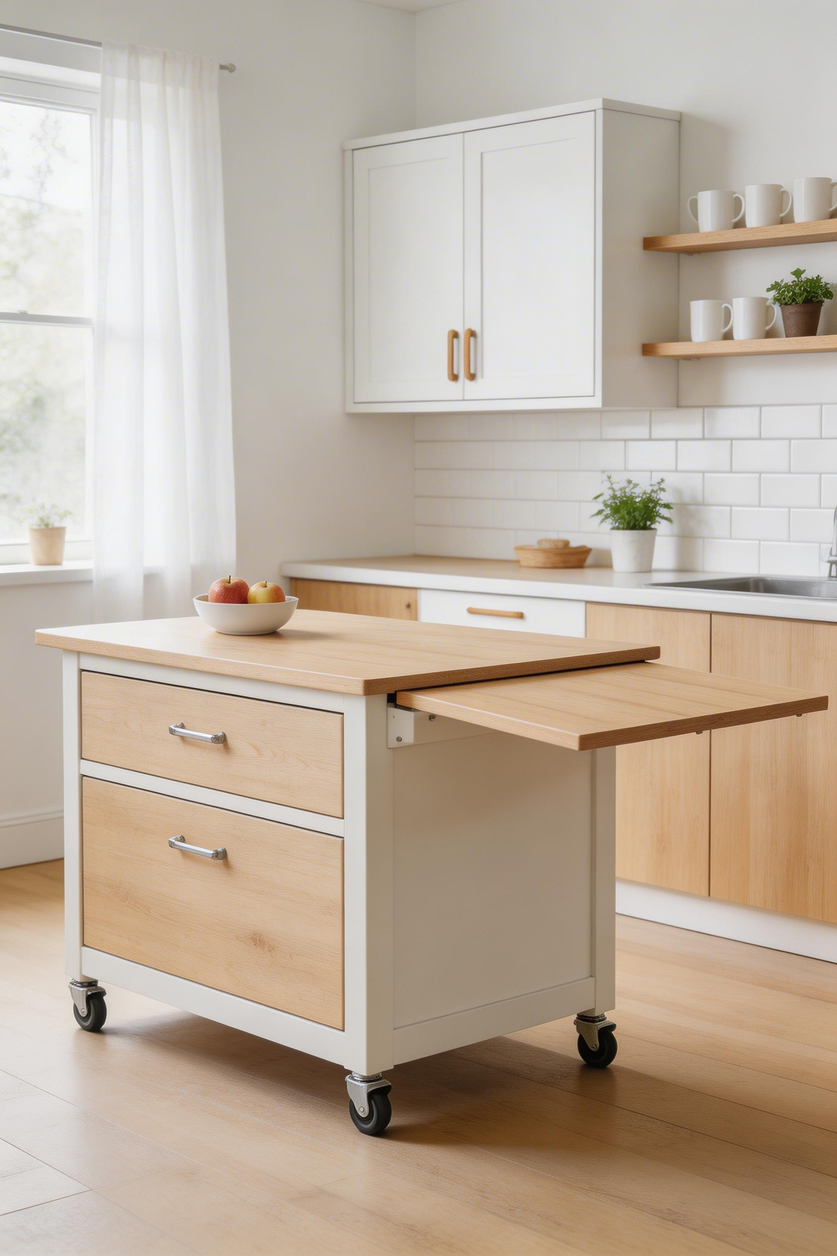 A drop-leaf island adapts to three kitchen configurations — narrow cart, working island, or dining table — from a single compact piece.
