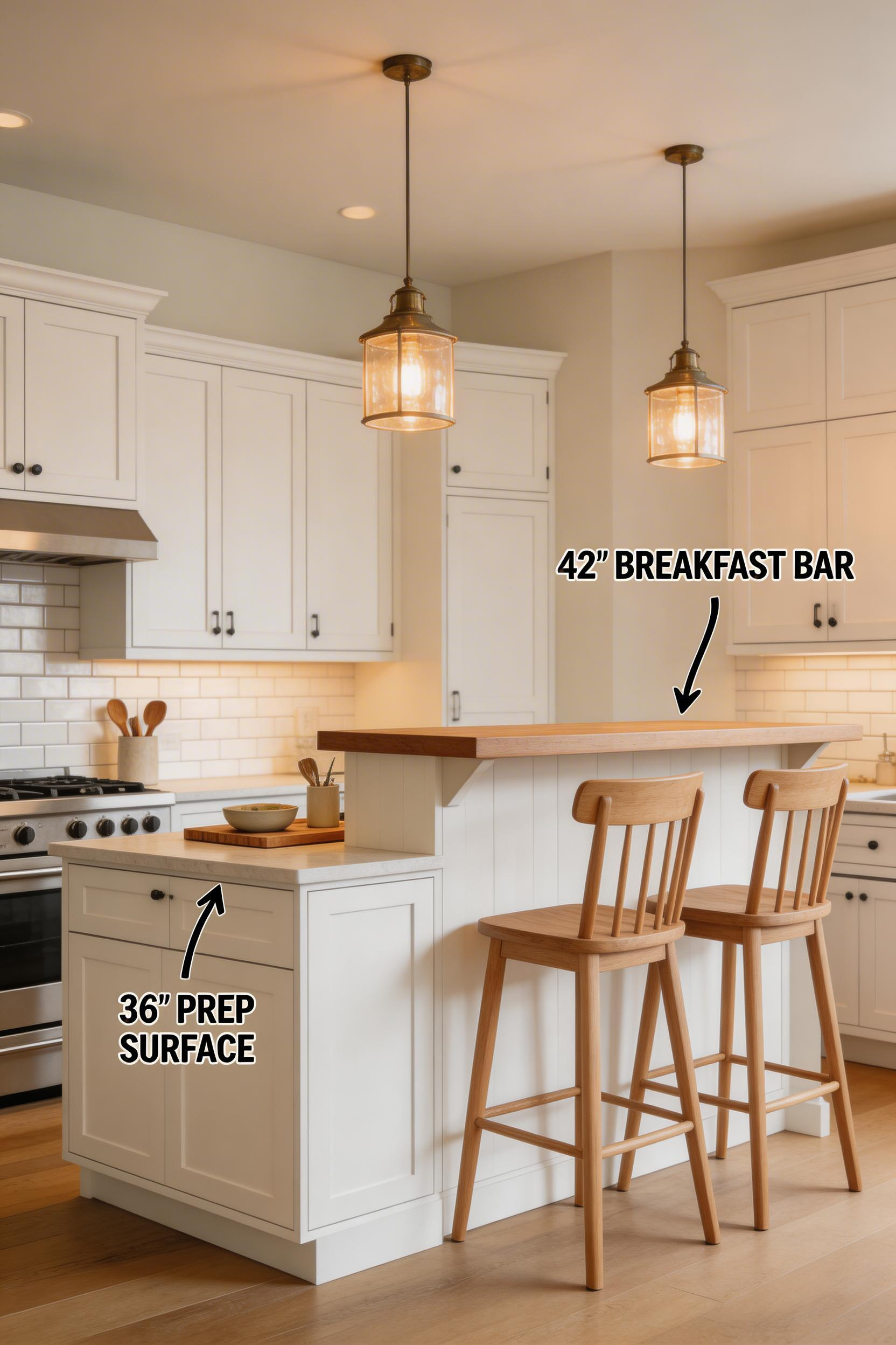 The two-tier island separates prep work from guest seating with a raised panel that hides mess while keeping the kitchen connected.