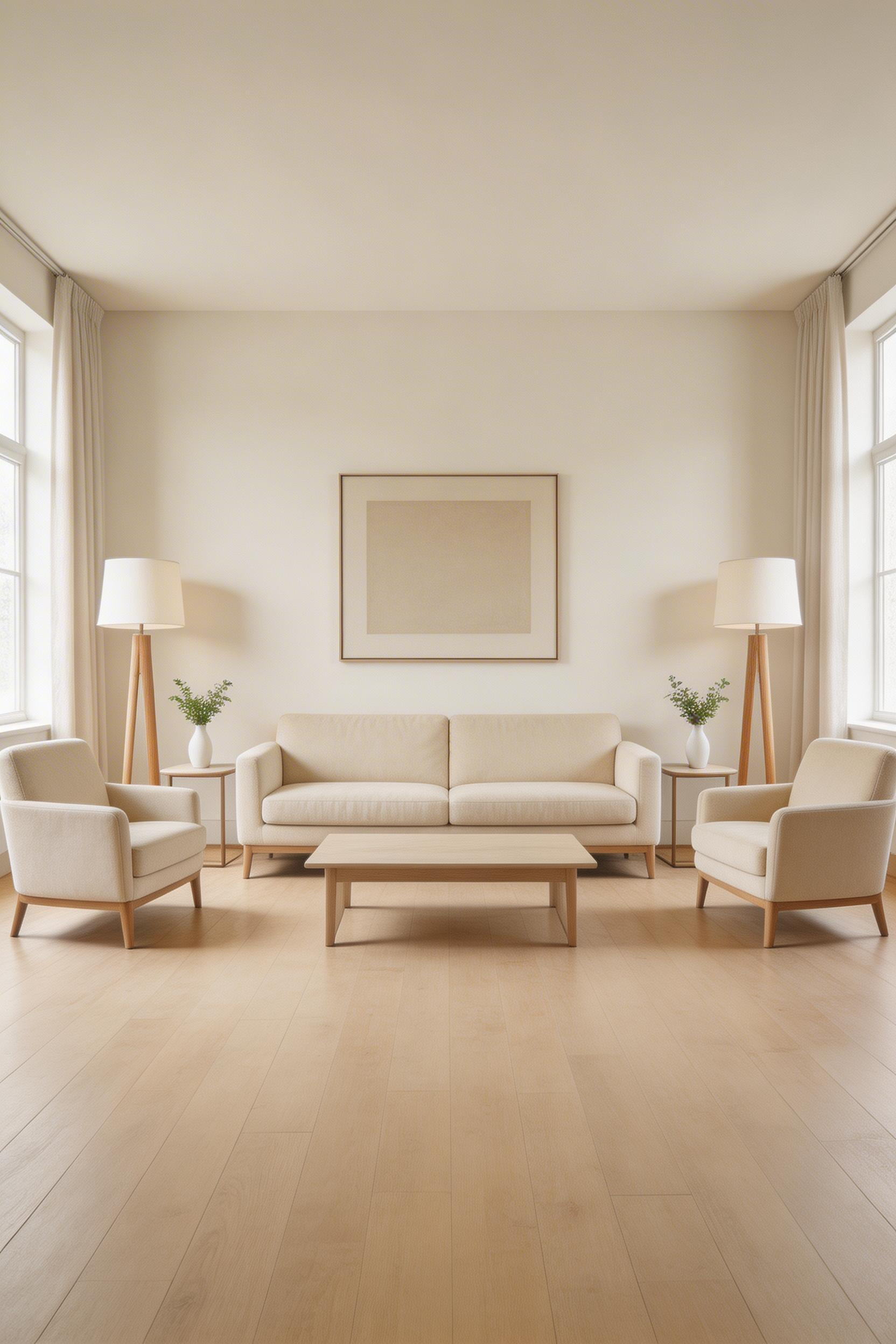 A symmetrical living room arrangement with matching chairs and lamps on each side of a centered sofa reads as calm and resolved — visual rest in a busy family home.