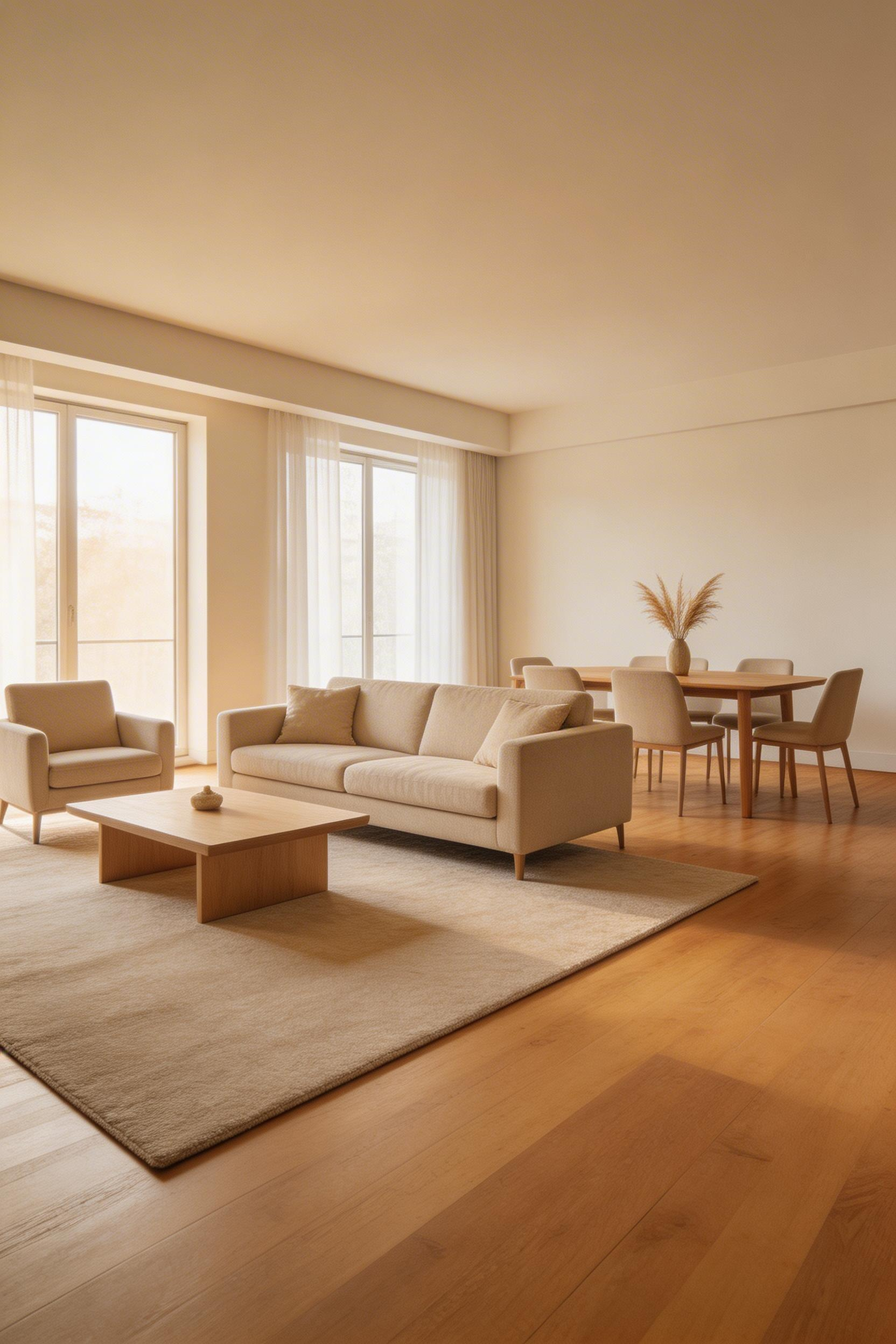 A generously sized rug under the living room seating anchors the zone in an open-plan space, creating clear separation from the dining area without any walls.