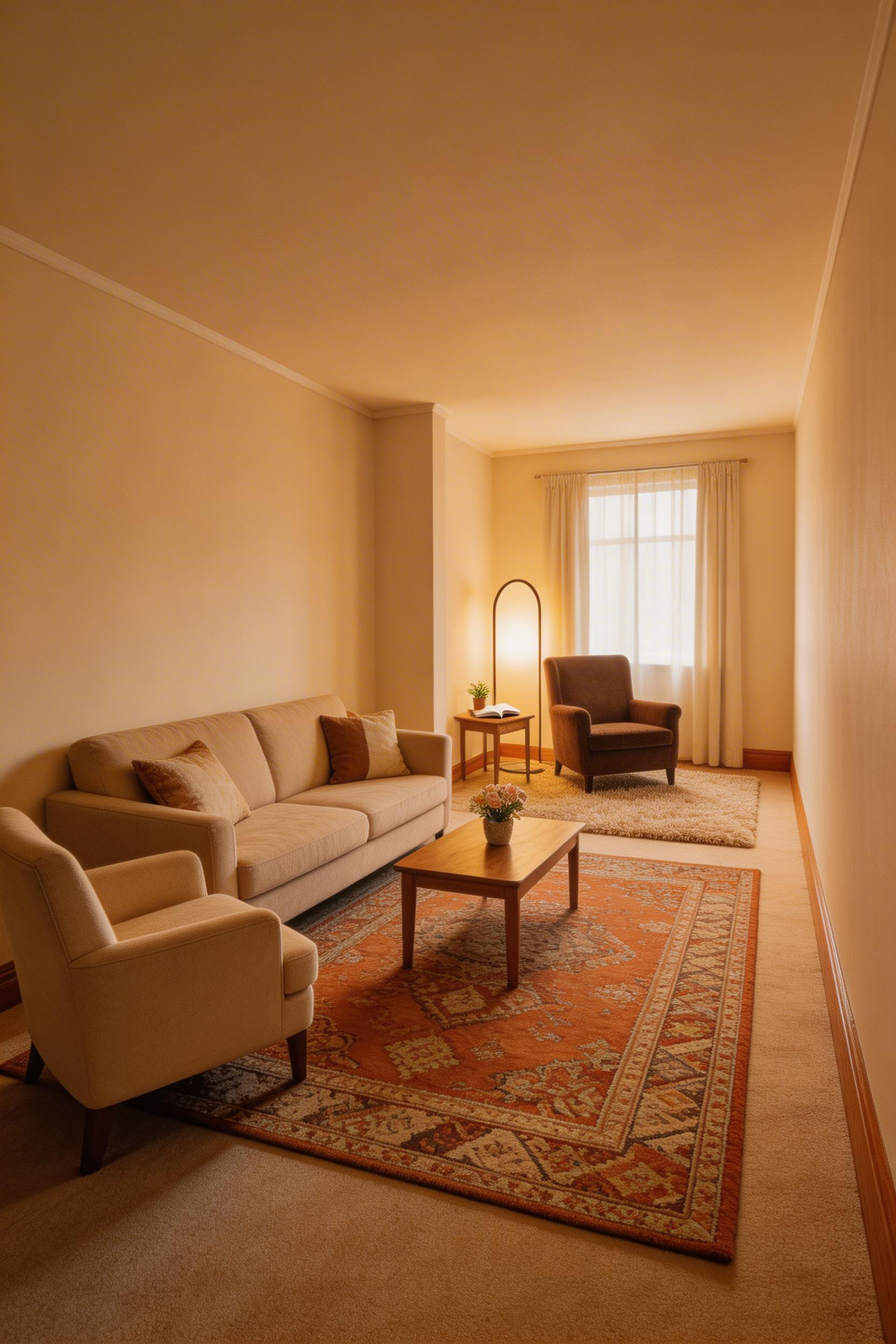 Two distinct zones in a long narrow room — each anchored by its own rug — eliminate the corridor effect and make the space feel purposefully designed.