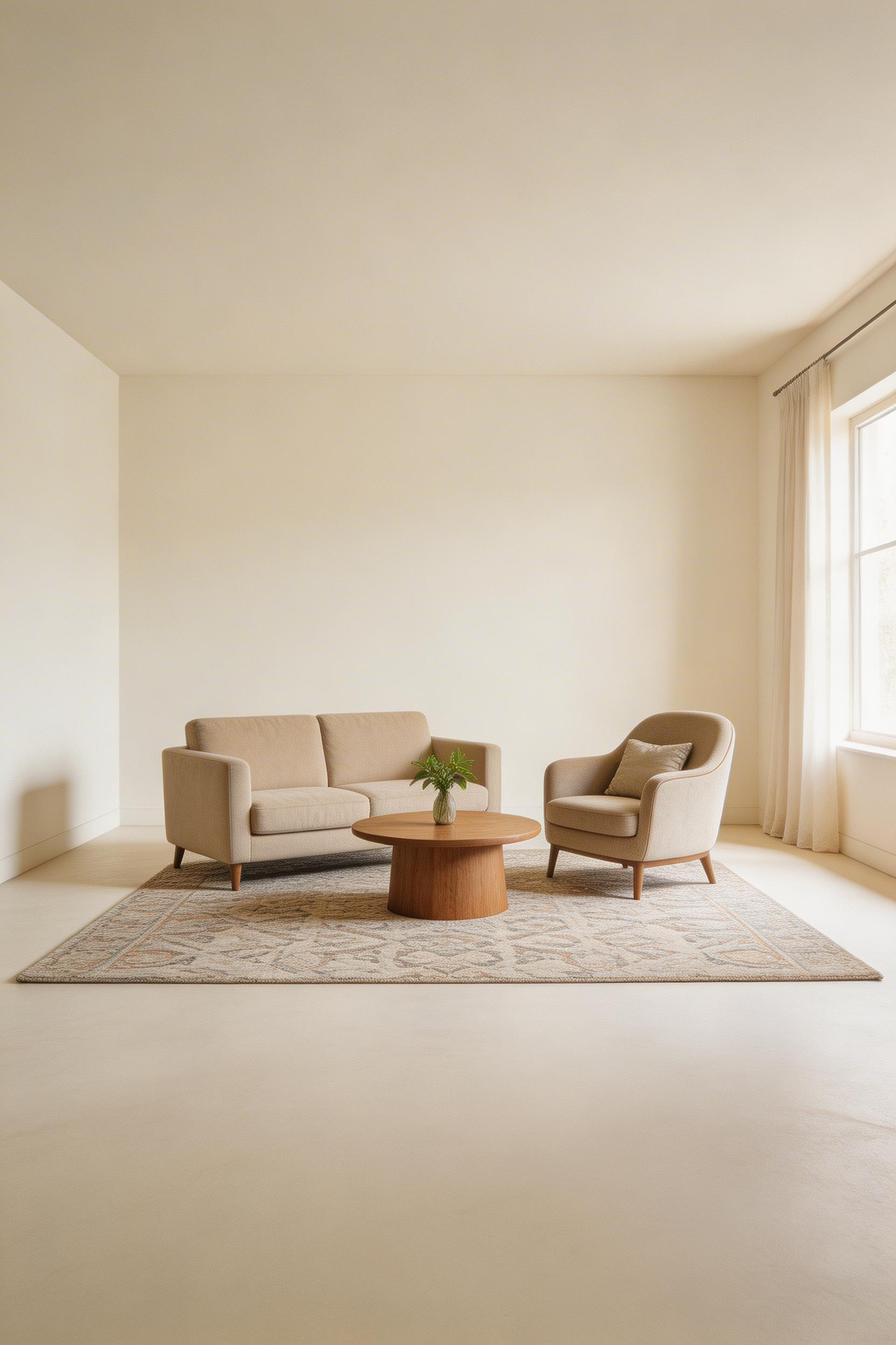 A centred seating island in a small square room creates a sense of abundance — all the floor space around the edges makes the room feel larger than its dimensions suggest.