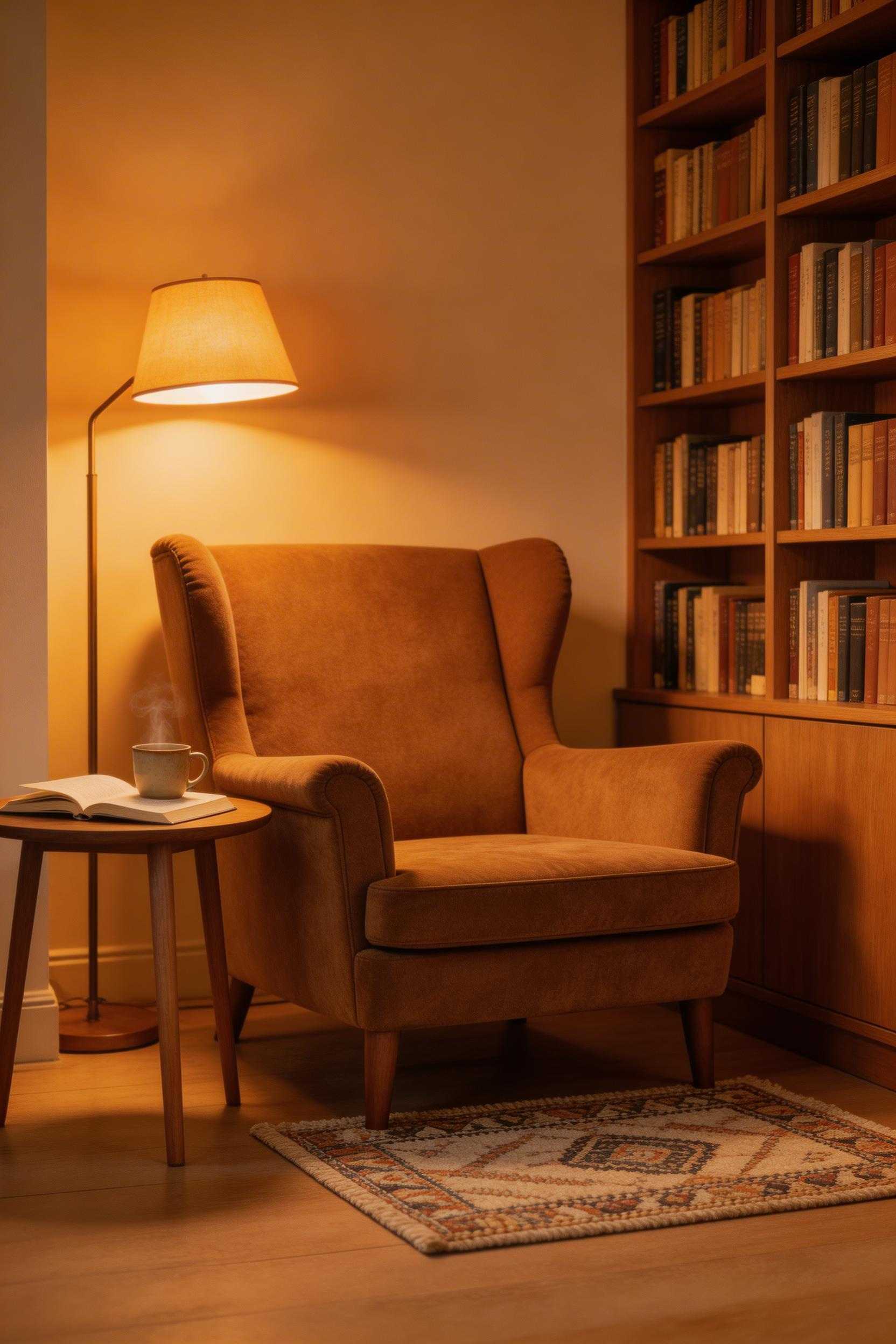 A reading nook built from a single armchair, floor lamp, and side table takes up just 4 square feet and gives the living room a second, quieter purpose.