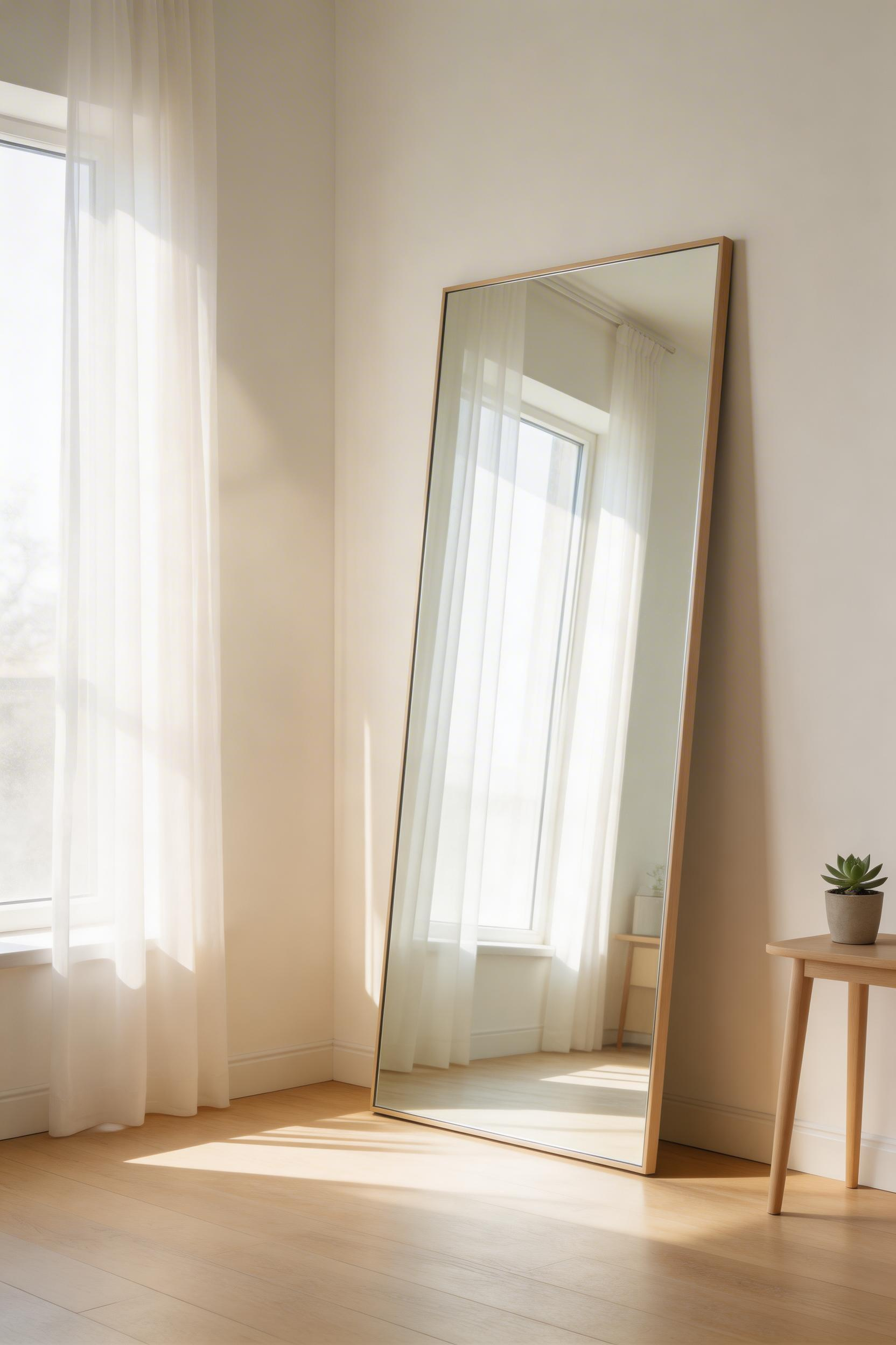 A large mirror positioned opposite or adjacent to the main light source reflects natural light deep into the room, making the space feel measurably larger.