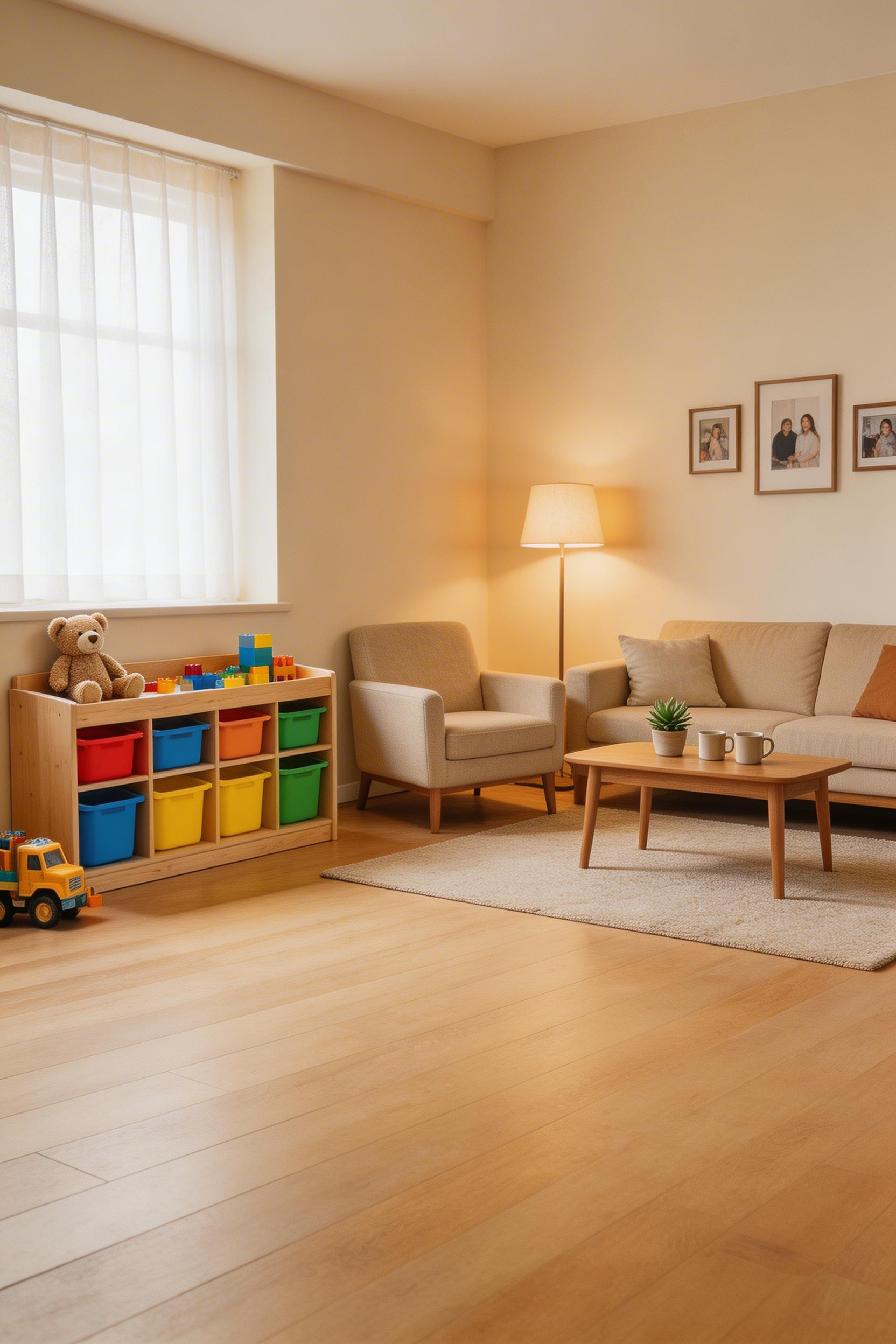 A designated play zone anchored by low open storage keeps children's things contained and visible, while the adult seating stays comfortable and the floor space stays clear.