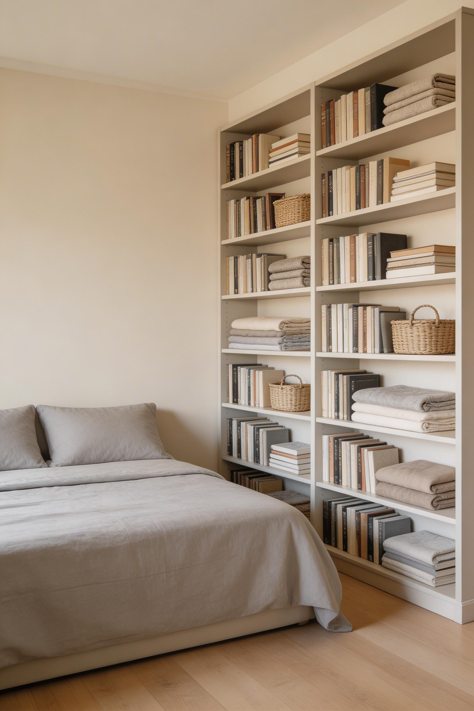 A floor-to-ceiling bookcase beside the bed uses vertical wall space that would otherwise go empty — the small bedroom layout move that adds significant storage without touching the floor.