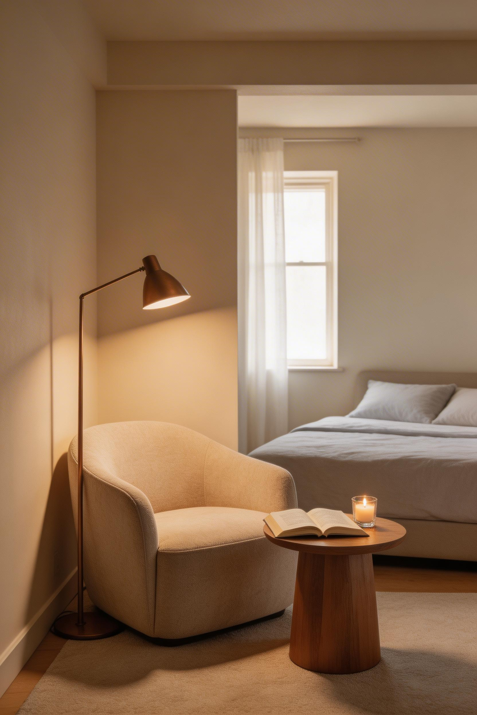 A reading nook built into a small primary bedroom layout adds a dedicated wind-down zone that keeps the bed for sleeping — the layout choice with the highest sleep quality return.