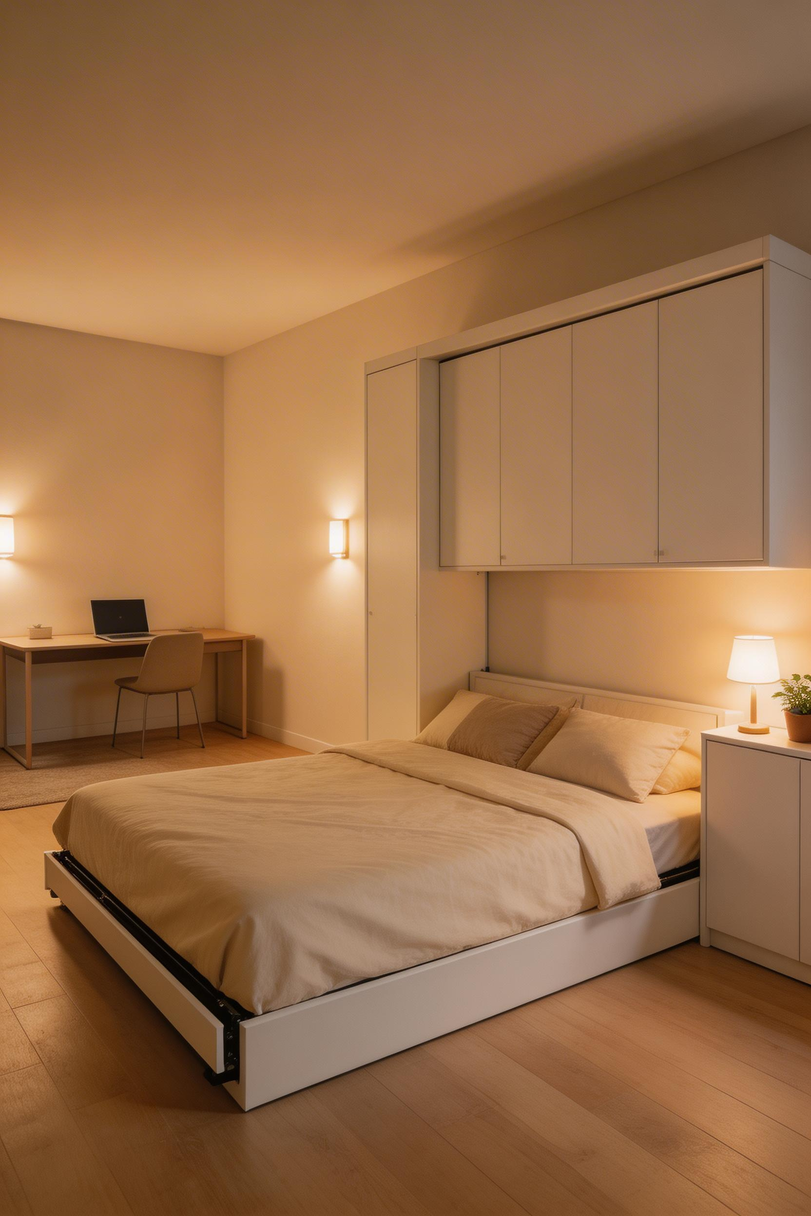 A Murphy bed folded up returns the full floor plan to the room — the small bedroom layout that makes the room genuinely double in function between day and night.