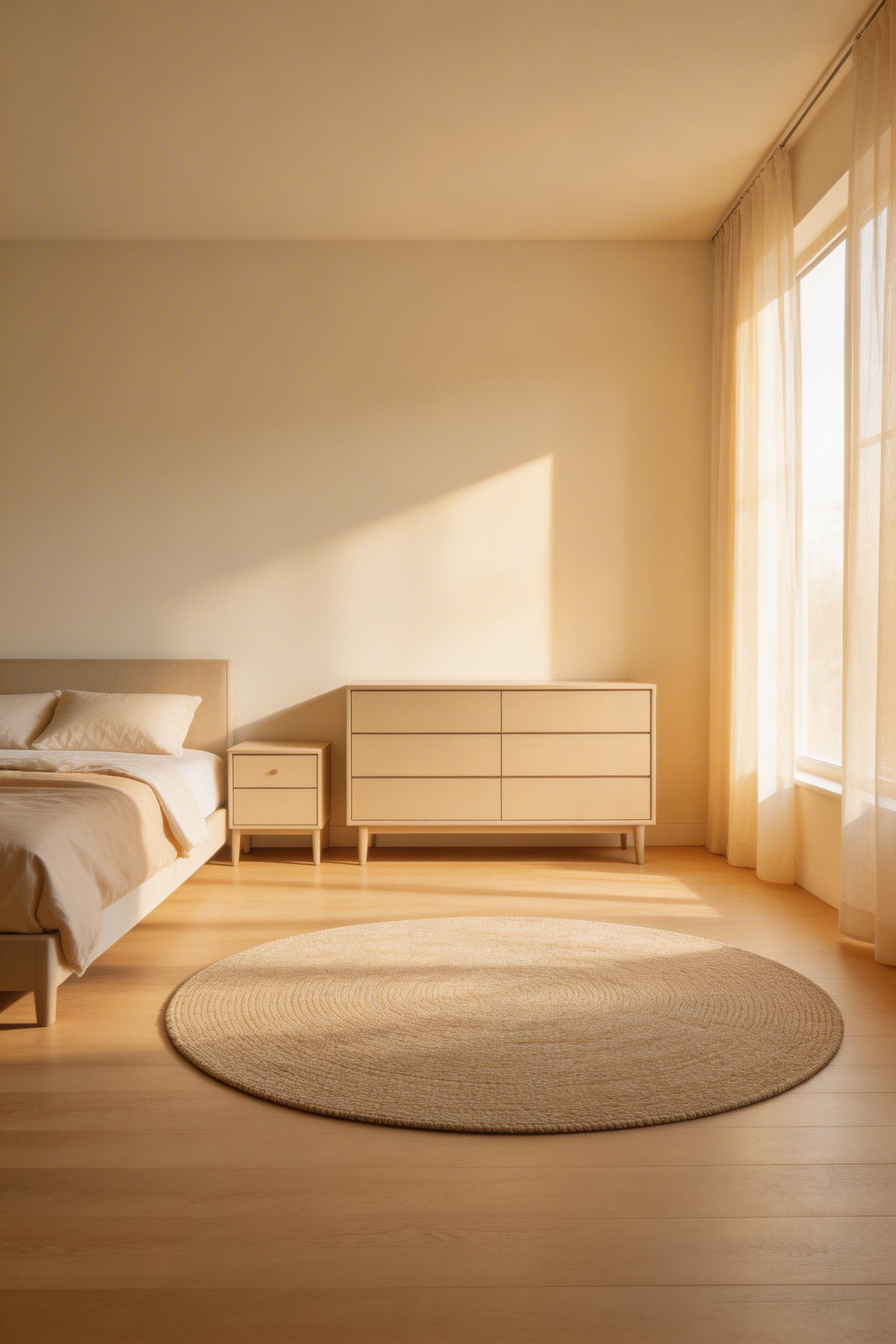 The one-wall small bedroom layout lines all furniture against a single wall and leaves the rest of the room clear — the open floor reads as intentional breathing space, not emptiness.