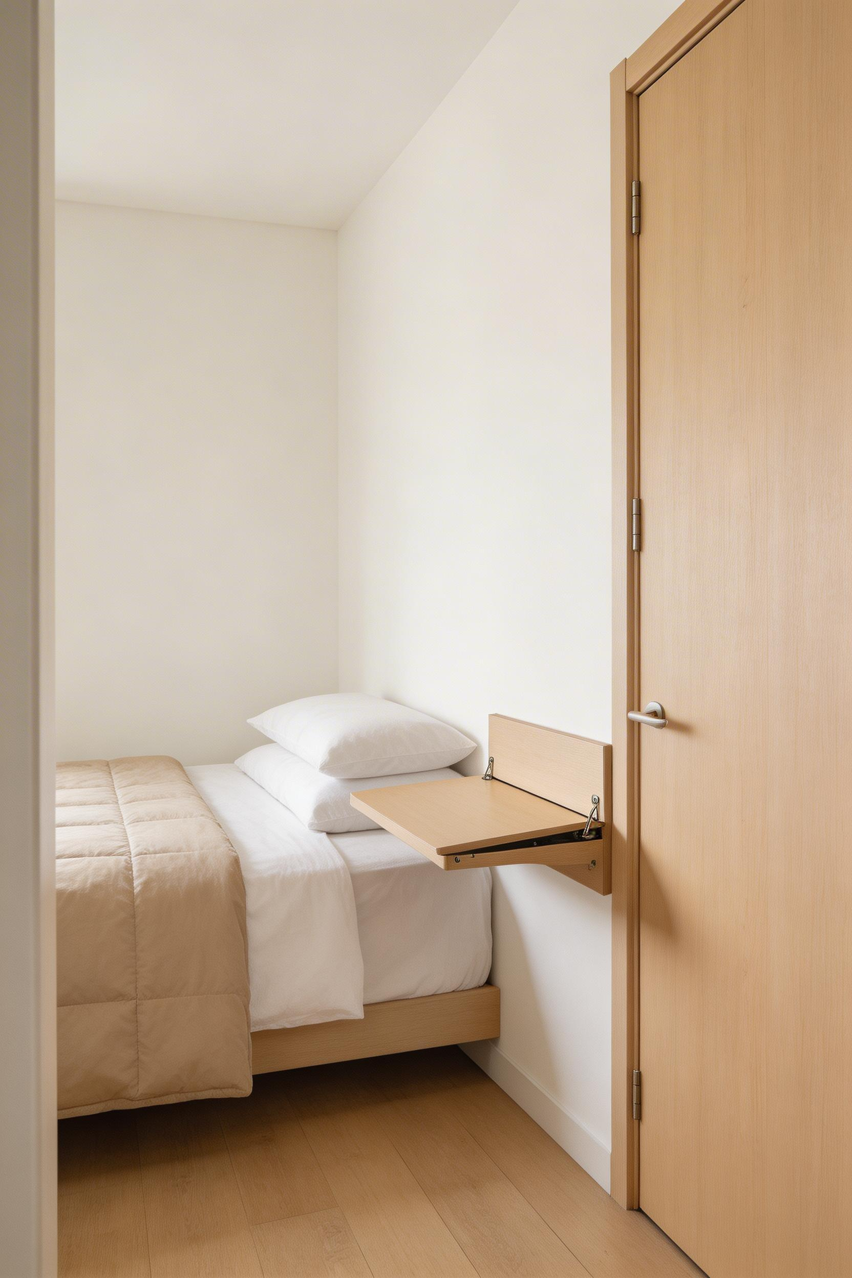 A wall-mounted fold-down desk in a small bedroom layout keeps the work zone compact and visually separate from the sleeping area — the boundary between work and rest that sleep quality depends on.
