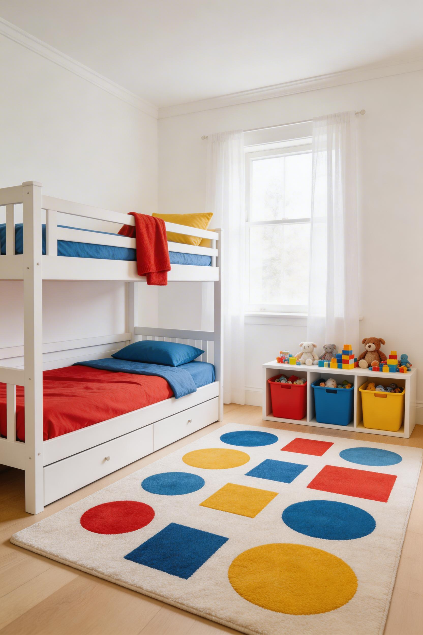 A bunk bed arrangement for kids' small bedroom layouts gives two children their own sleeping space with the same floor footprint as one twin bed — the rest of the room stays open for play.