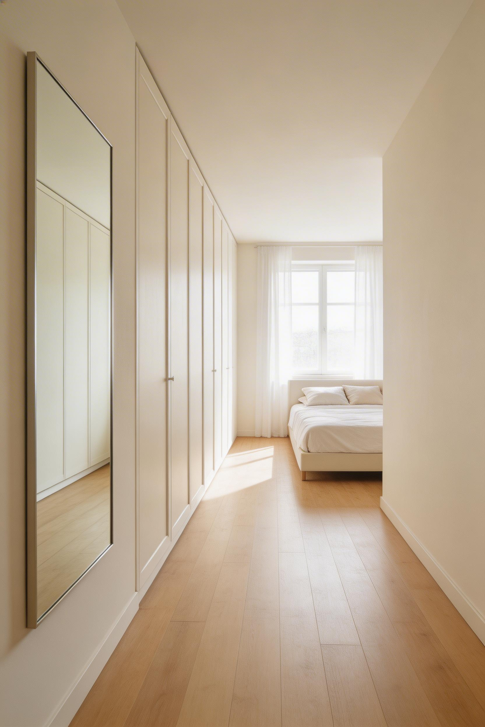 In a narrow bedroom layout, the crosswise bed placement opens both long walls for storage while mirrors on the short walls add the perceived width the room needs.