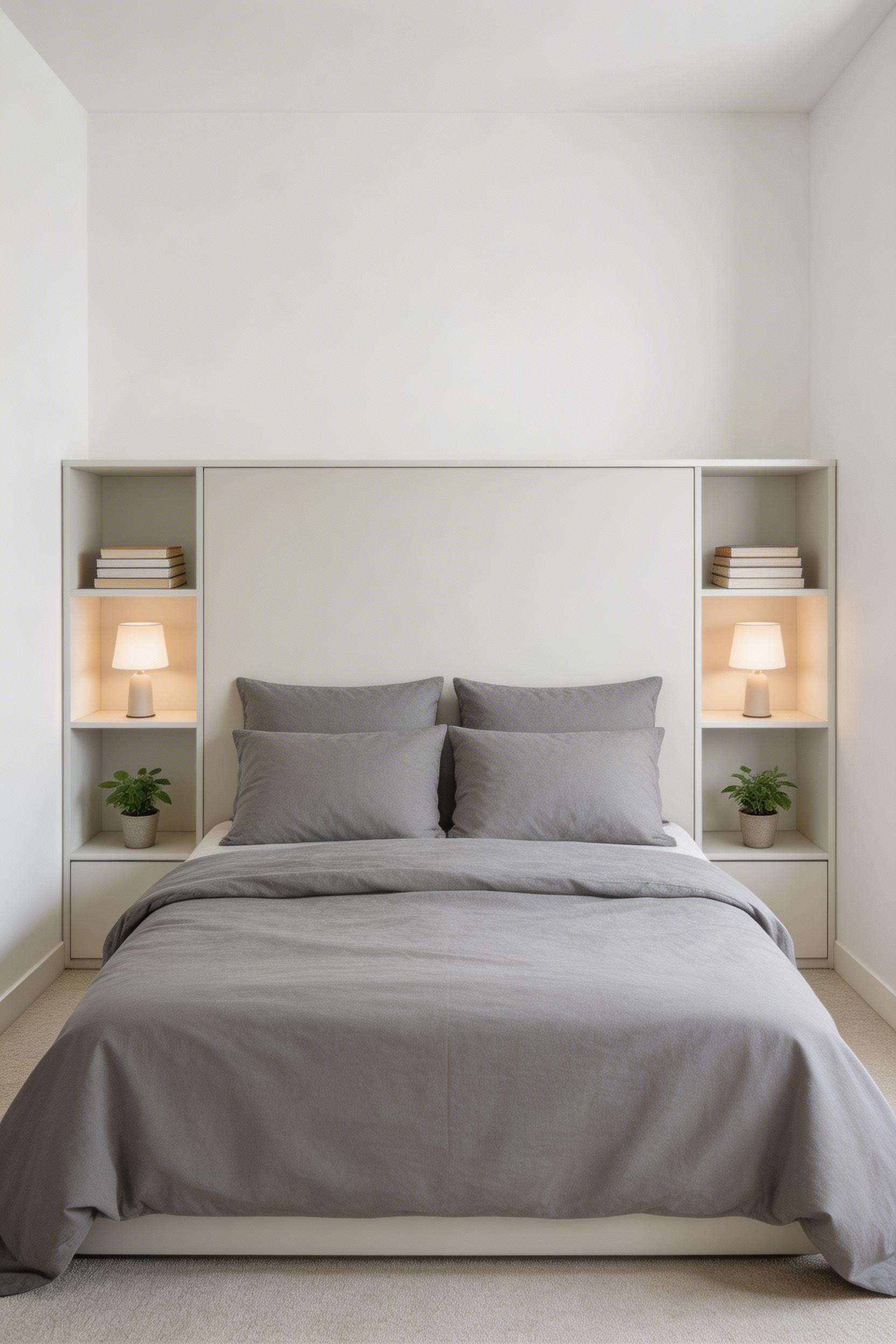 A storage headboard with shelves and cubbies on each side replaces two nightstands and reduces the need for a separate dresser — the small bedroom layout that consolidates furniture without sacrificing function.
