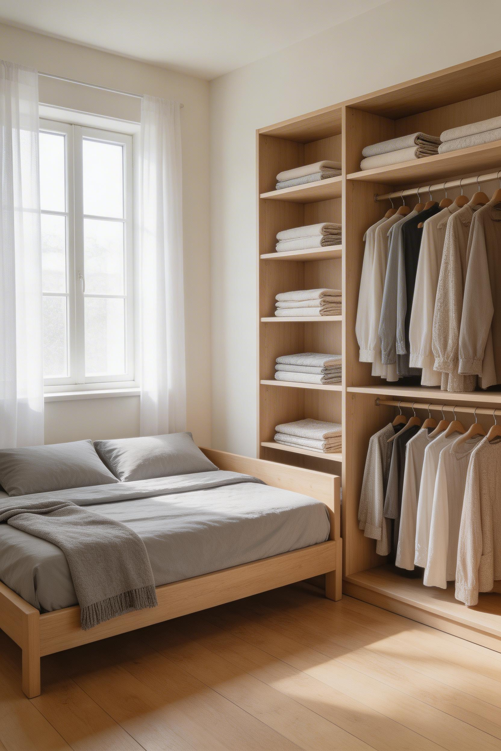 A daybed in the corner frees the entire opposite wall for storage — the small bedroom layout that makes one side of the bed into a whole extra room.