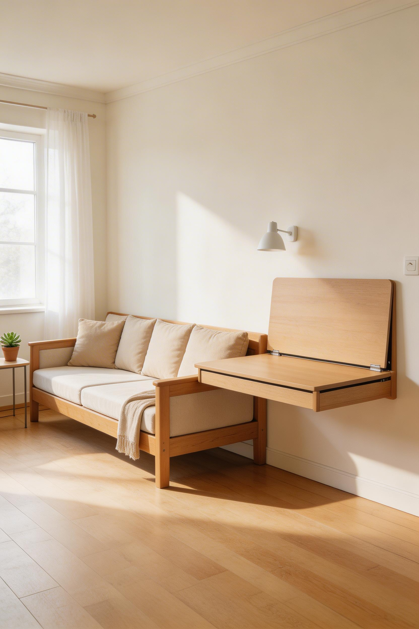 A daybed styled as a sofa and a fold-away wall desk make a small bedroom layout that truly doubles as a home office — neither function feels compromised.