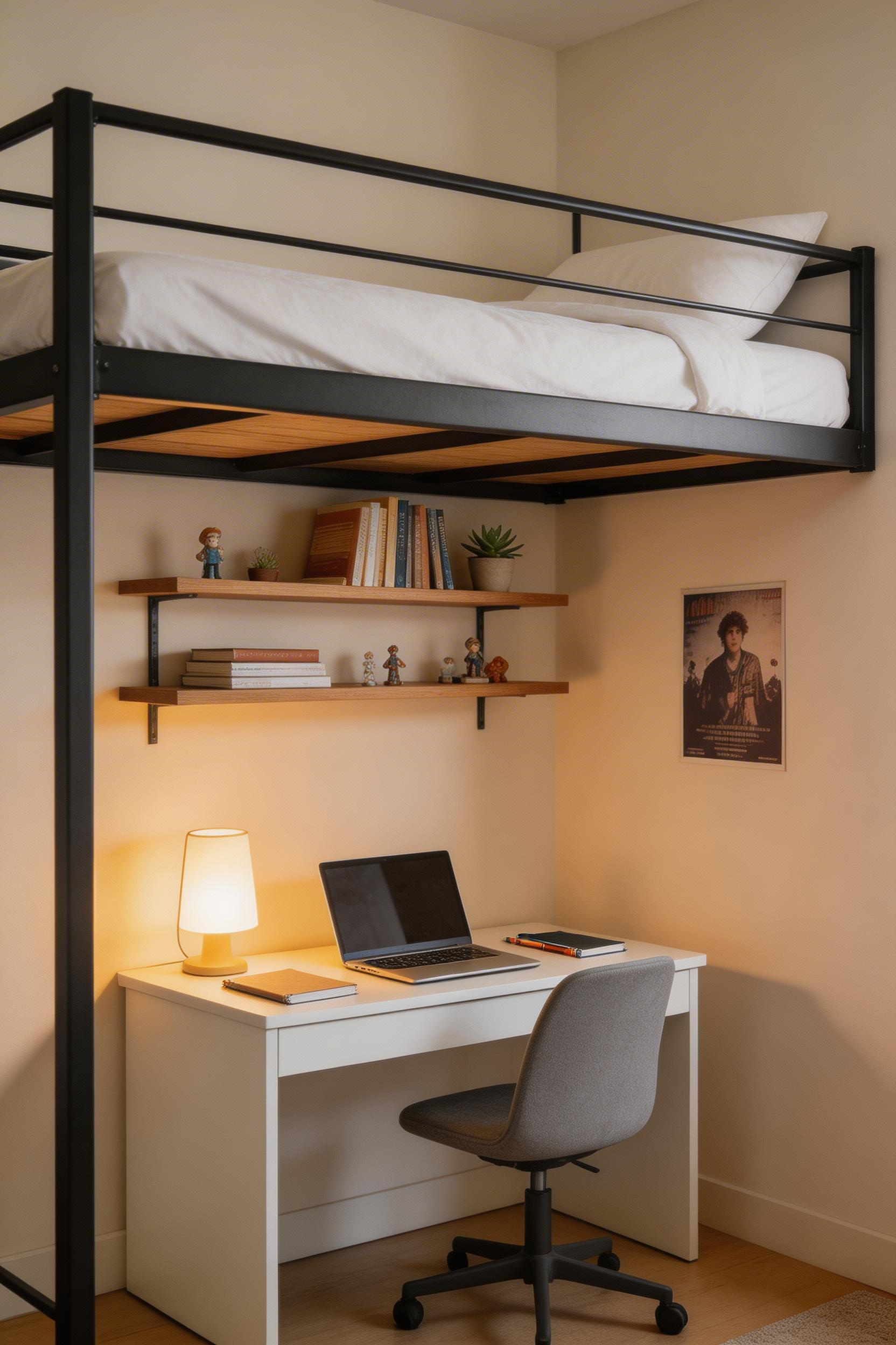 A loft bed turns the sleeping footprint into usable daytime space beneath — the small bedroom layout that makes the floor work twice as hard.