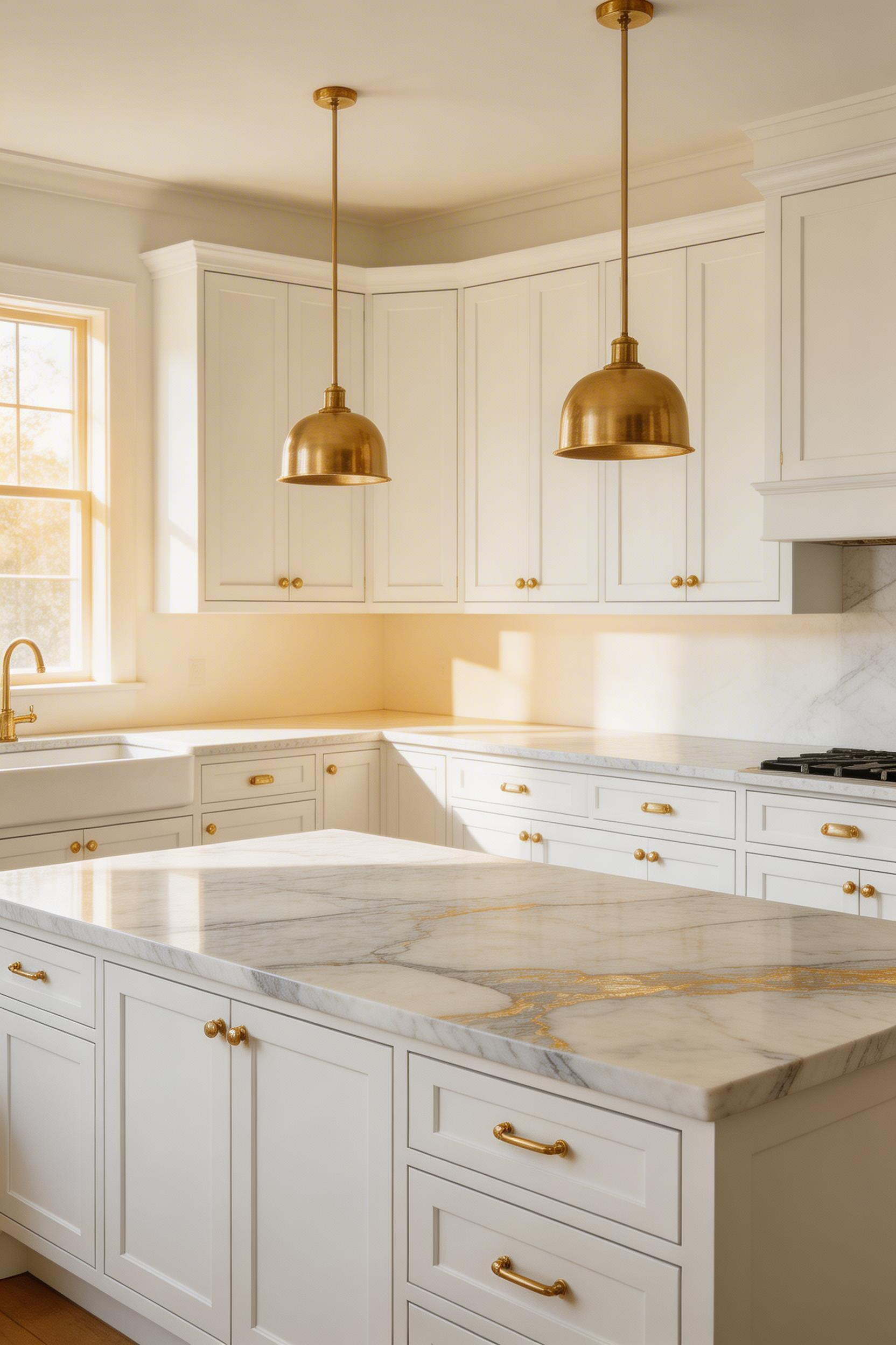 Calacatta marble's bold gold-and-gray veining against white shaker cabinets turns the countertop into the room's centerpiece — a pairing that's been photographed on design blogs for thirty years and still looks current.