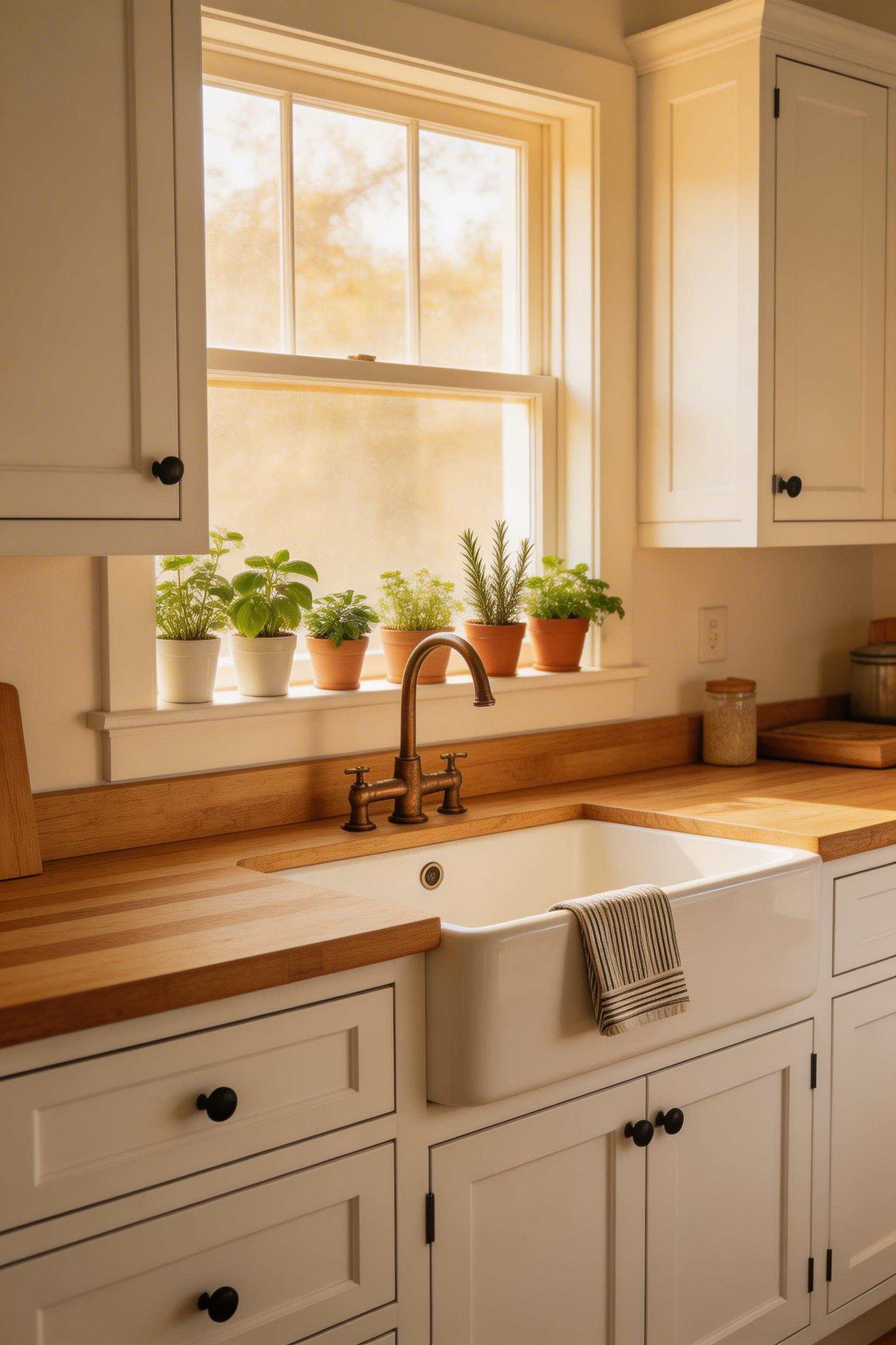 A maple butcher block countertop against white shaker cabinets adds immediate warmth and texture — the combination that makes a kitchen feel like somewhere cooking actually happens.