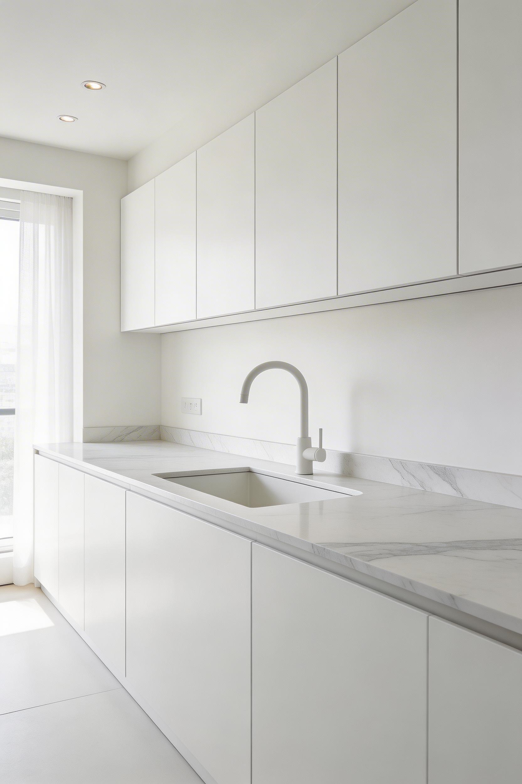 Large-format porcelain slabs deliver a seamless marble-like countertop with white cabinets — zero maintenance, zero sealing, and heat resistance that stone can't match.