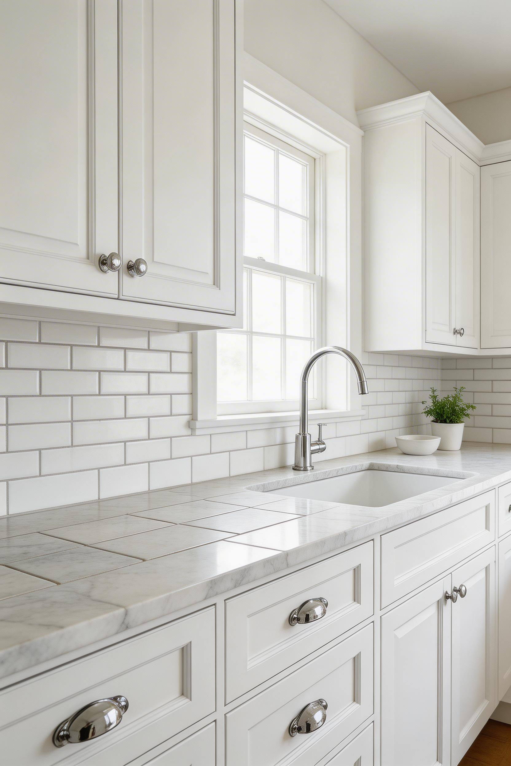Honed marble tile countertops bring the classic kitchen countertop with white cabinets look at a significantly lower cost — the trade-off is visible grout lines that need regular sealing.
