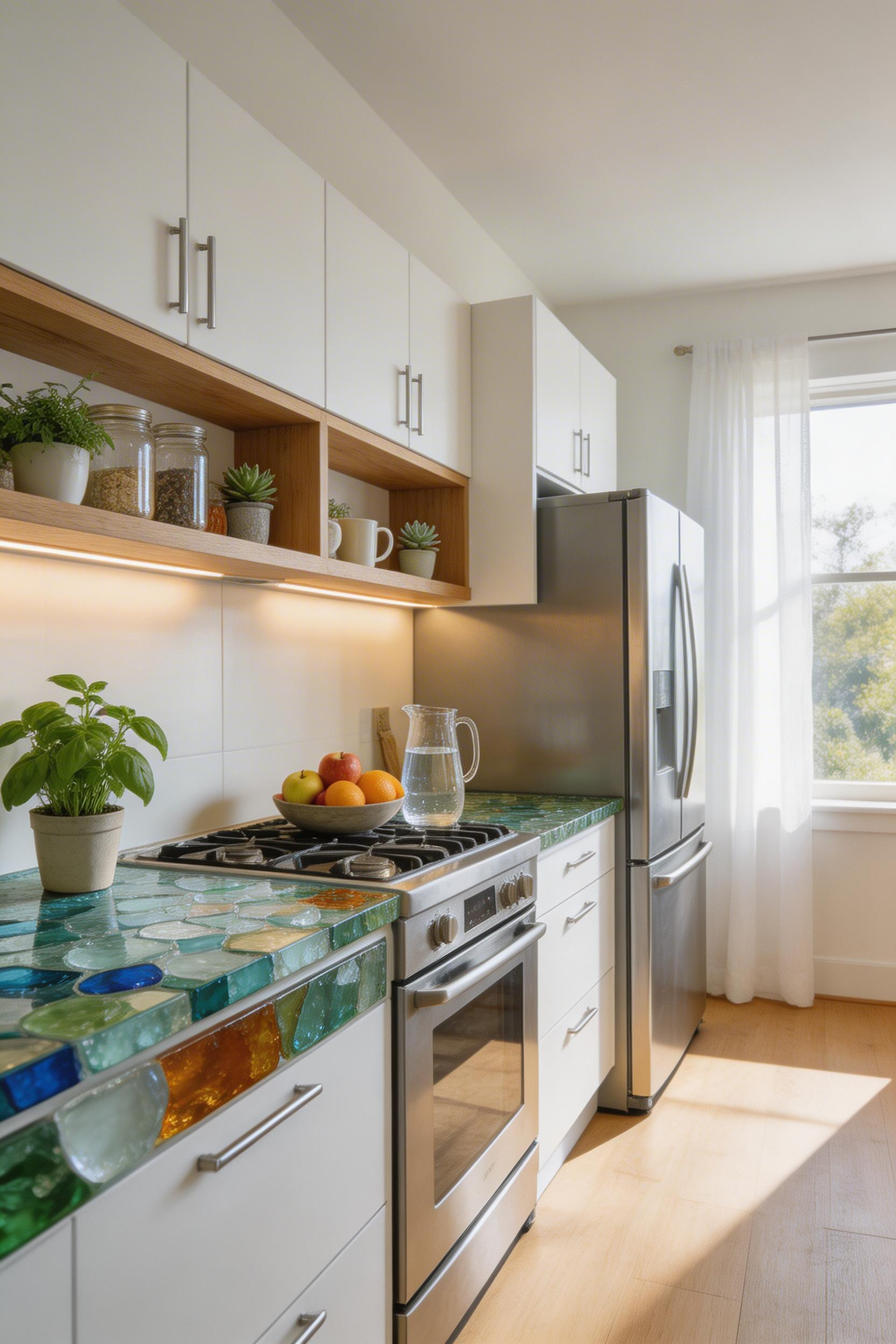 Recycled glass countertops bring colour, texture, and sustainability credentials to a white cabinet kitchen — the surface that makes the kitchen a conversation piece.