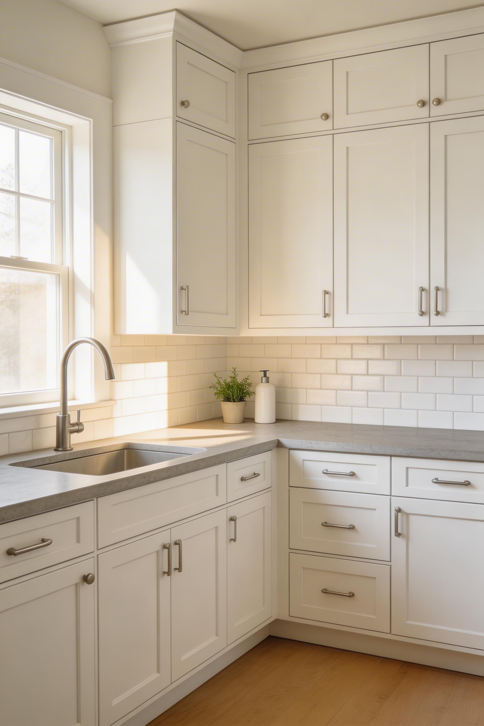 Concrete gray engineered stone is the kitchen countertop with white cabinets that leaves no room for regret — the neutral workhorse that looks intentional in every kitchen style.