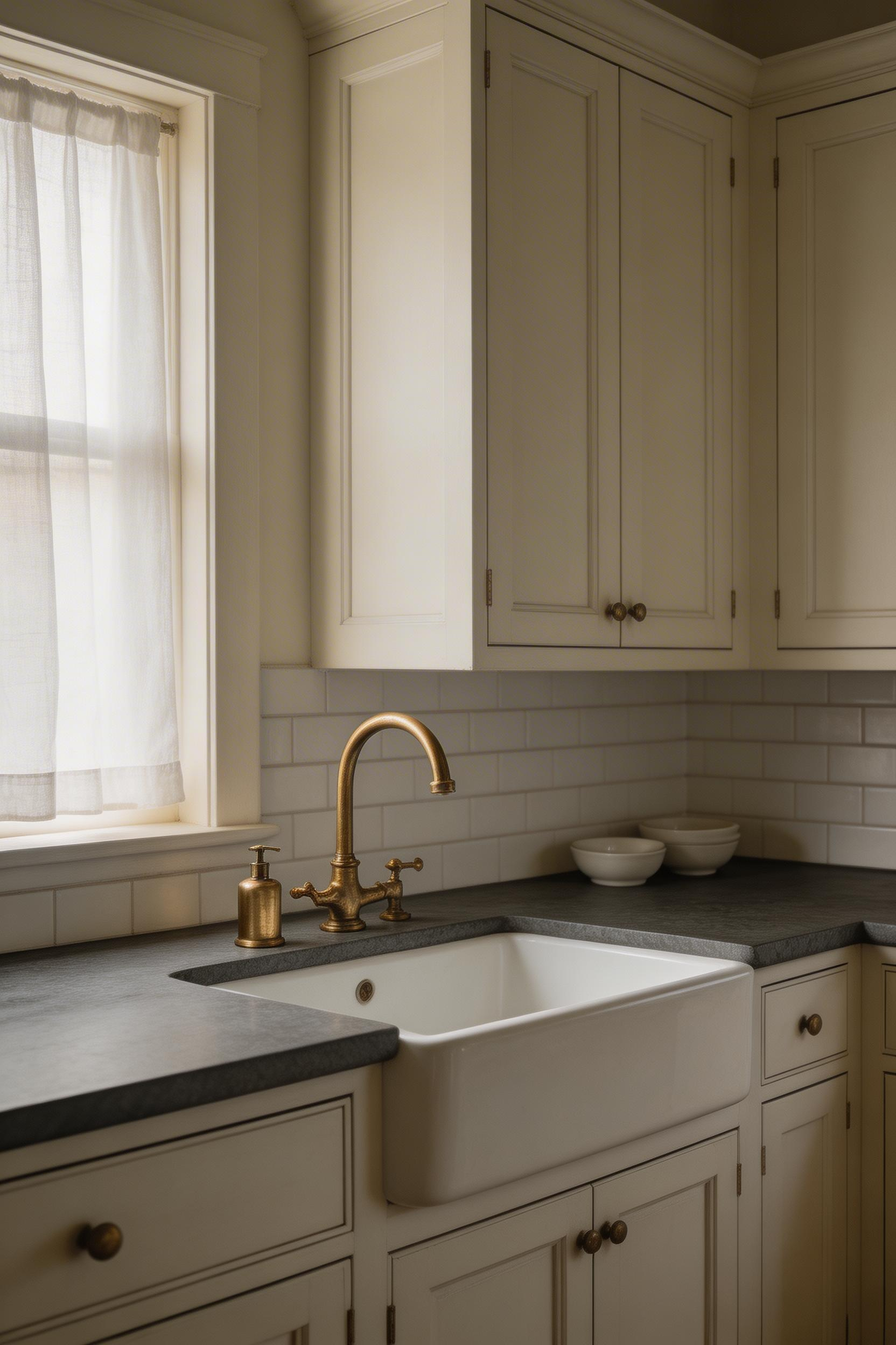Dark soapstone against antique or warm-white cabinets creates a kitchen that reads as naturally aged rather than recently renovated — a patina that develops over years of cooking.