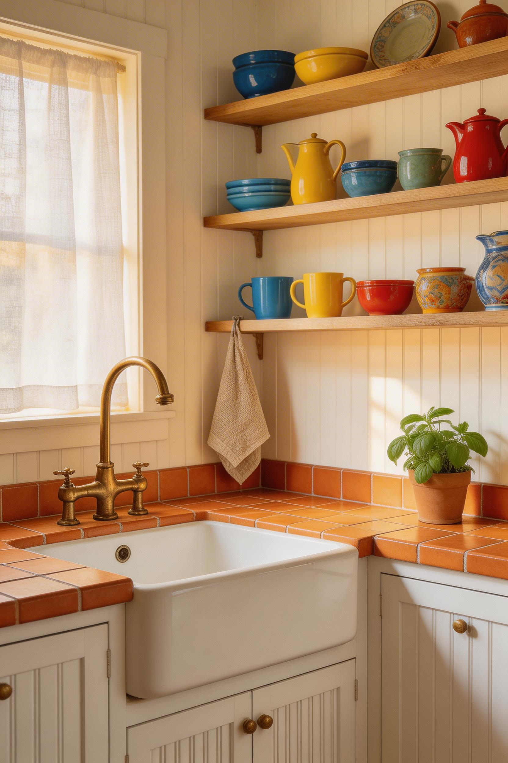Terracotta tile countertops with white shaker cabinets create an instantly recognisable warmth — the kitchen surface that brings European cottage character to any space.