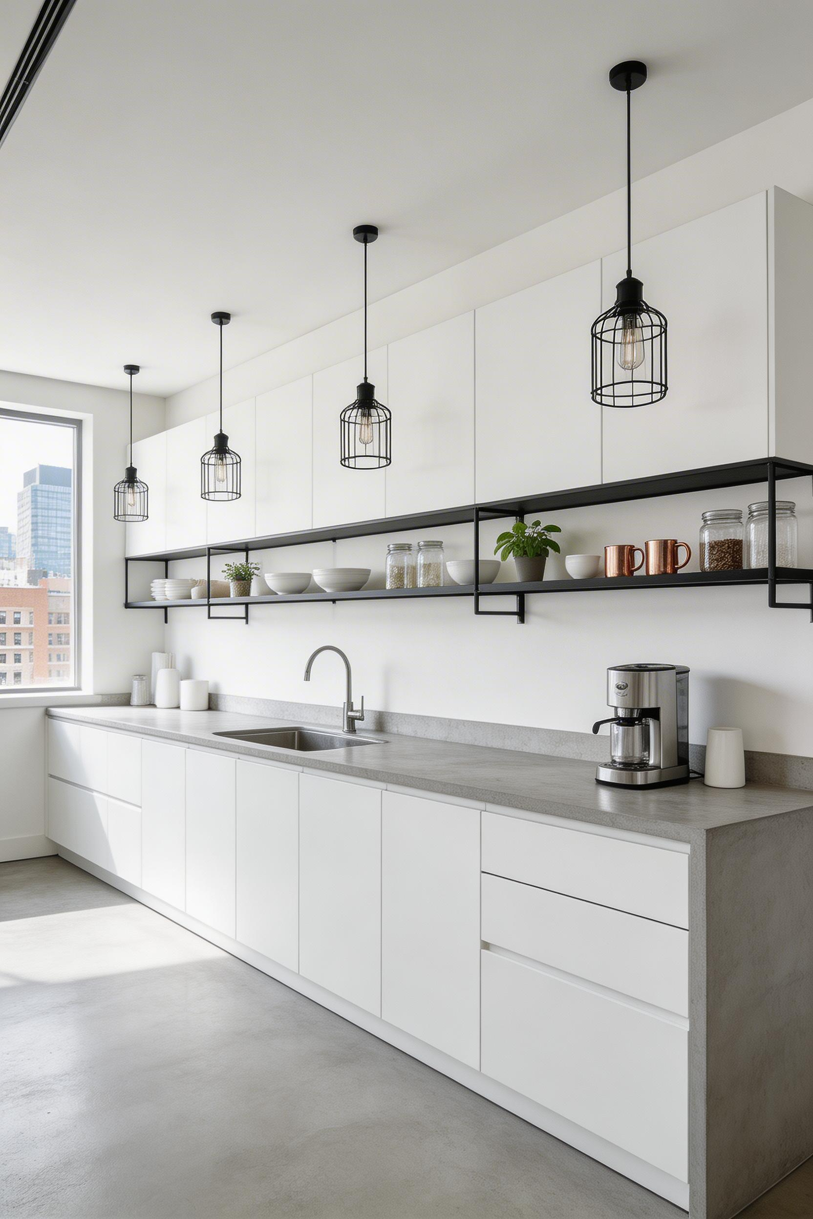 Poured concrete countertops bring an industrial warmth to white cabinet kitchens — the matte, light-absorbing surface that makes high-contrast kitchens feel less stark.