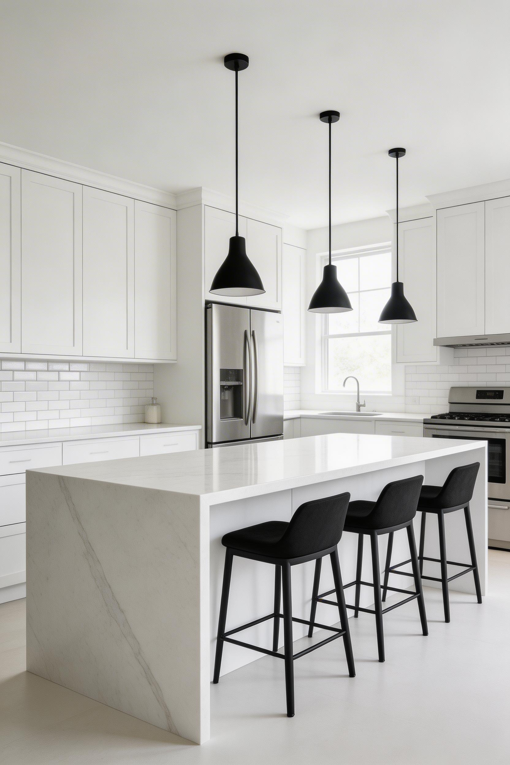 A waterfall white quartz edge turns the kitchen island into a piece of furniture rather than just a cabinet with a countertop — the treatment that elevates the whole room's feel.