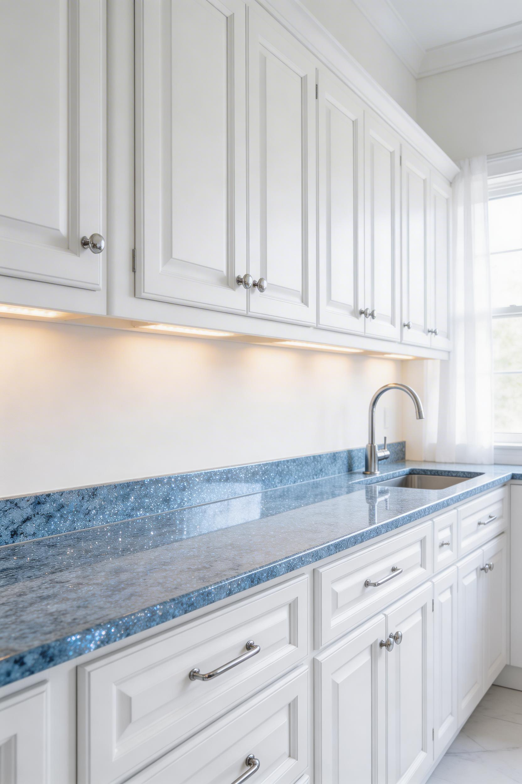 Blue Pearl granite's labradorescent shimmer adds unexpected colour depth to a white cabinet kitchen — the countertop that rewards a closer look every time light moves across it.