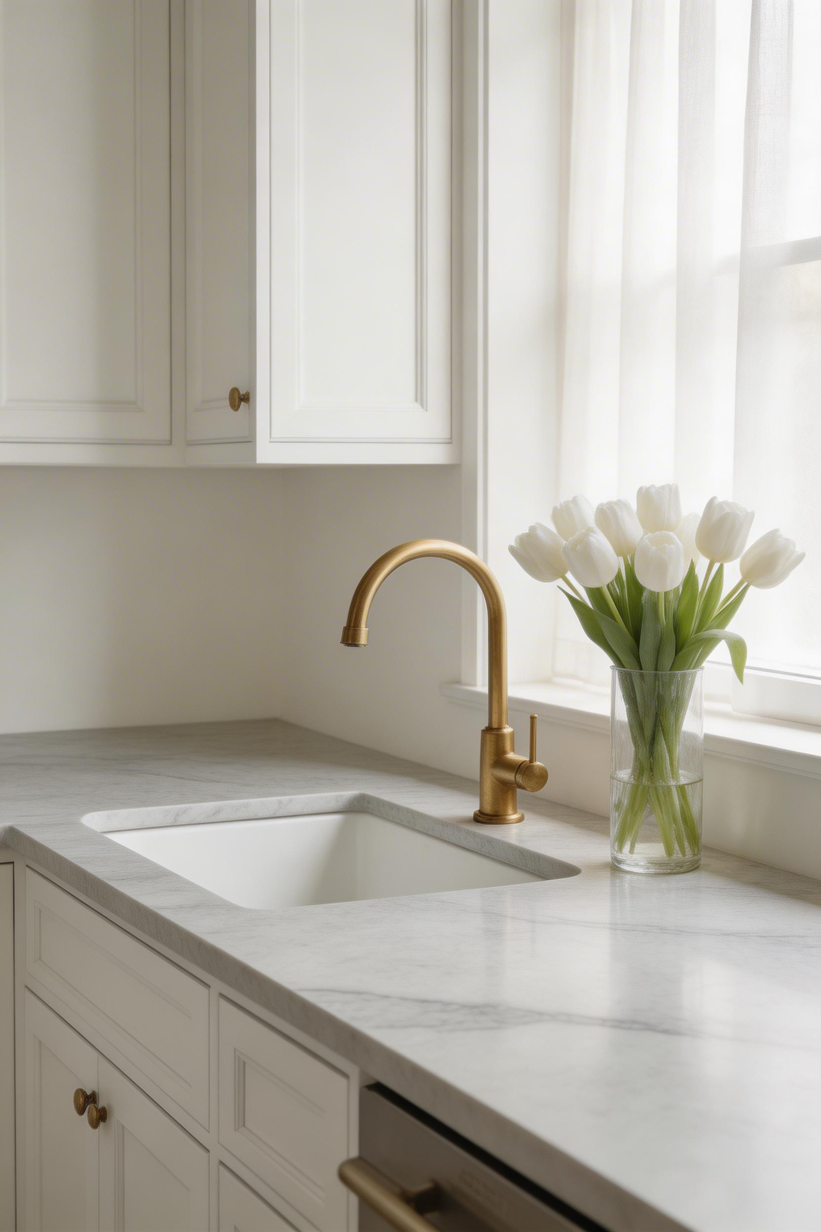 Pale gray quartzite brings organic stone movement to a white cabinet kitchen — the material that looks and feels like marble but stands up to daily cooking without etching.