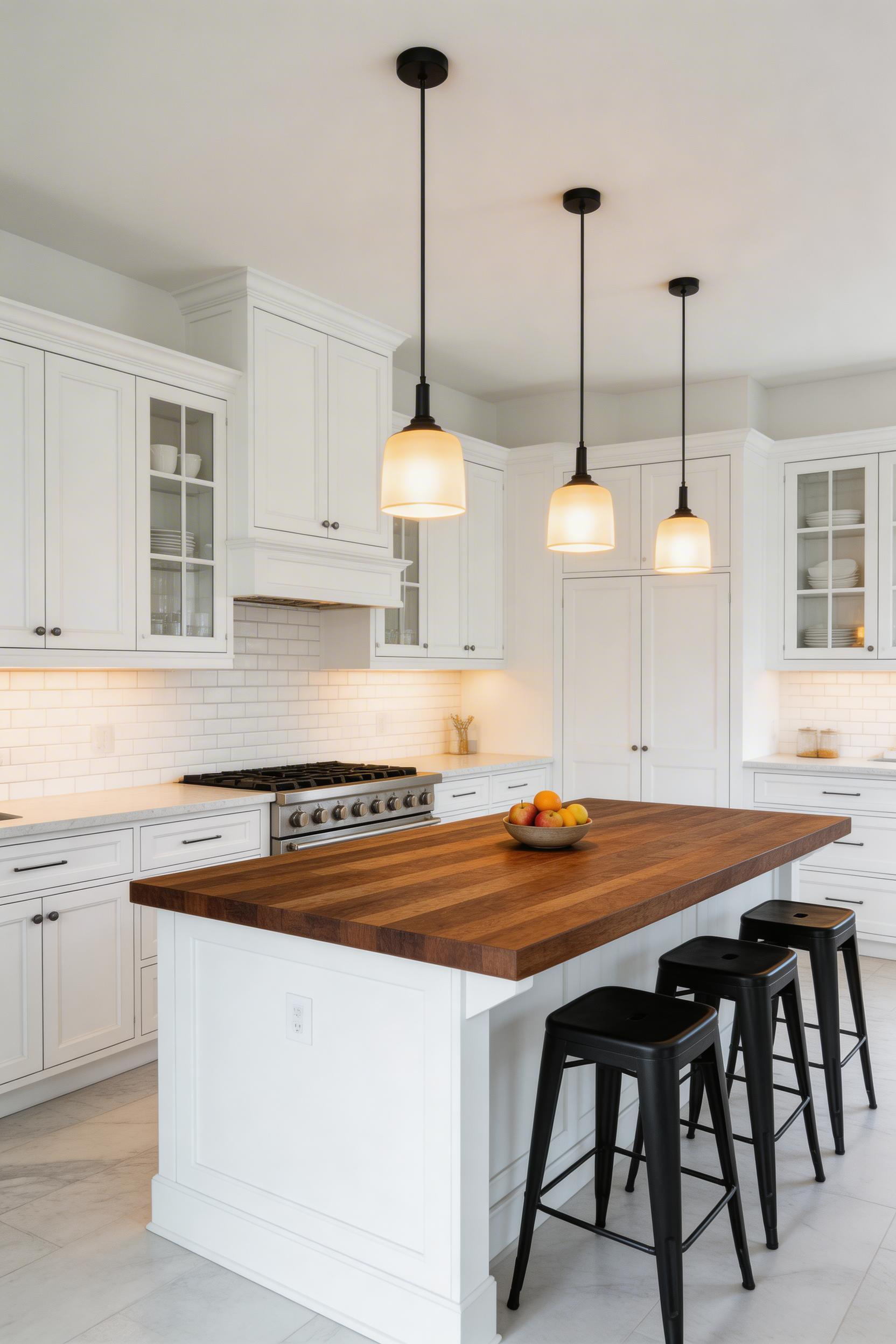 A dark walnut butcher block island against white perimeter countertops gives a white cabinet kitchen its focal point — the two-material approach that reads as designed rather than indecisive.