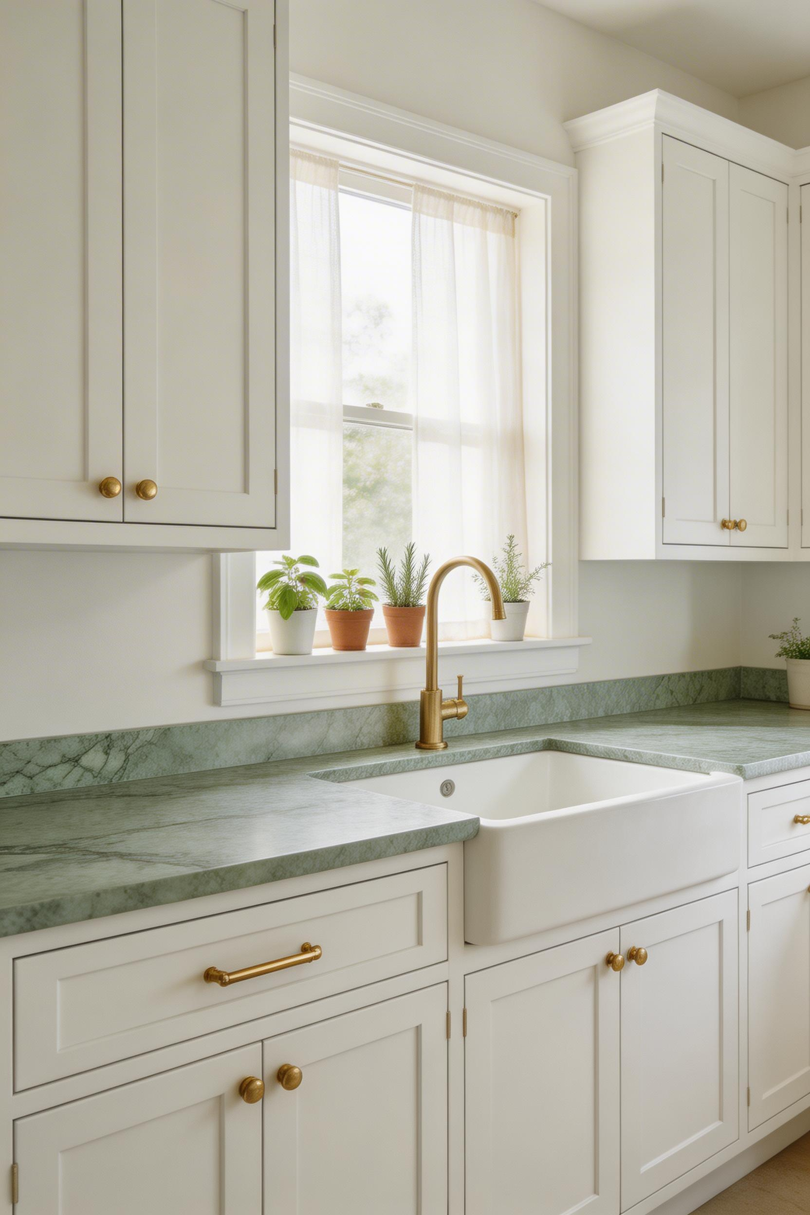 Green quartzite countertops bring organic, nature-inspired colour into a white cabinet kitchen — the stone that reads like the outside world came indoors.