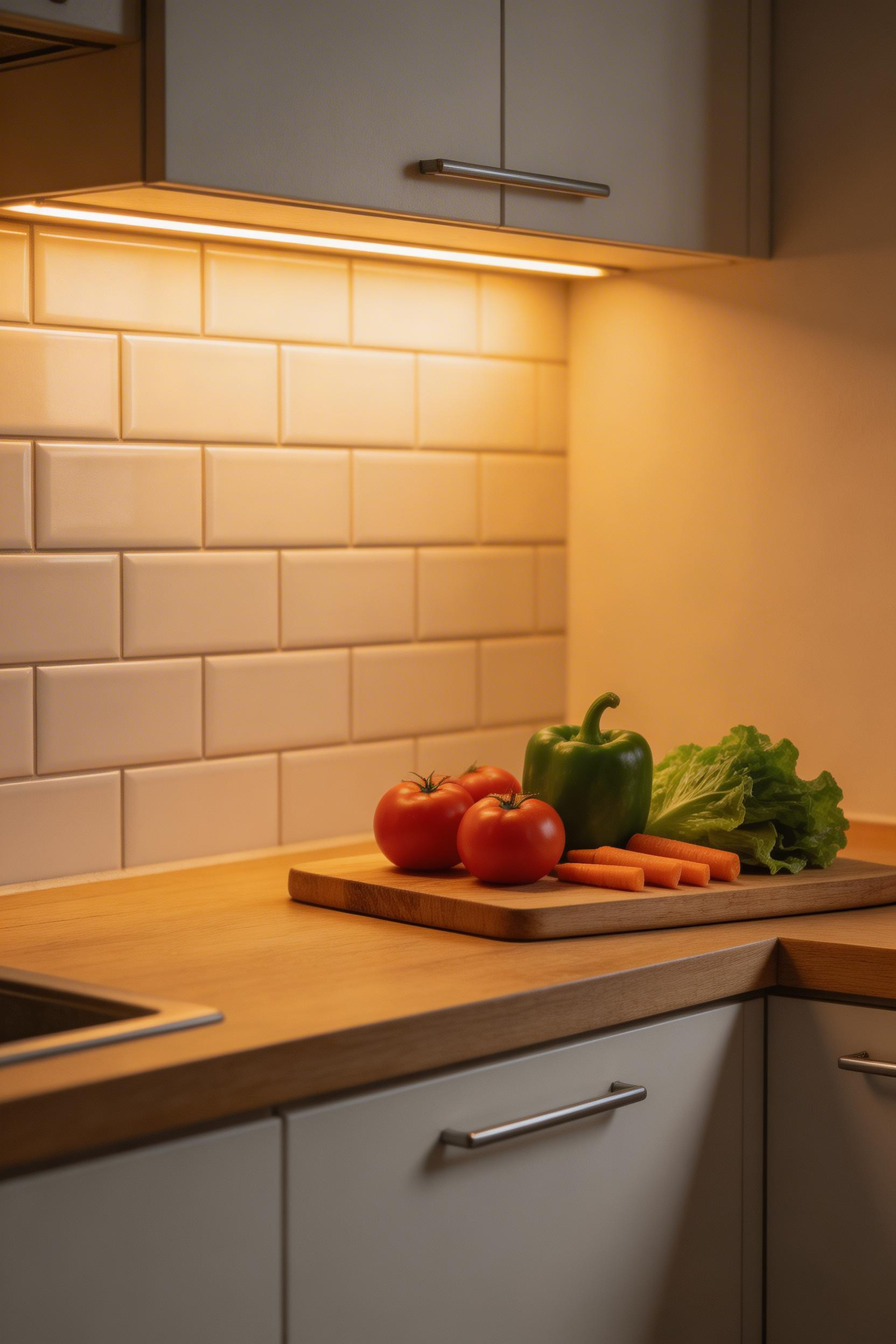 Under-cabinet LED strips put light onto your counter surface and give the kitchen a warm, welcoming feel in the evening that overhead lighting can't match.