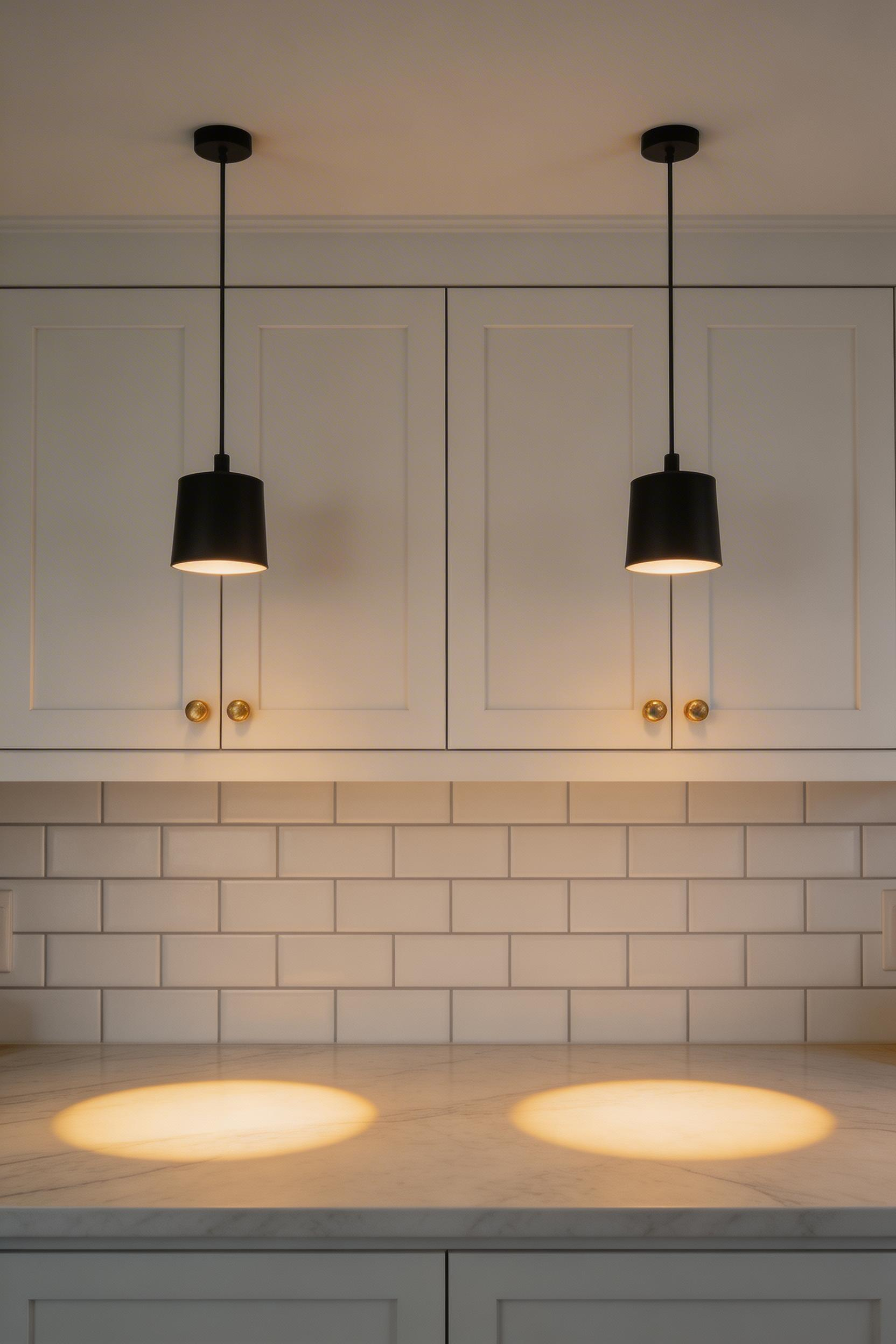 A pair of pendants at counter height adds warmth and visual definition to a small kitchen — replacing institutional overhead lighting with something that actually feels designed.