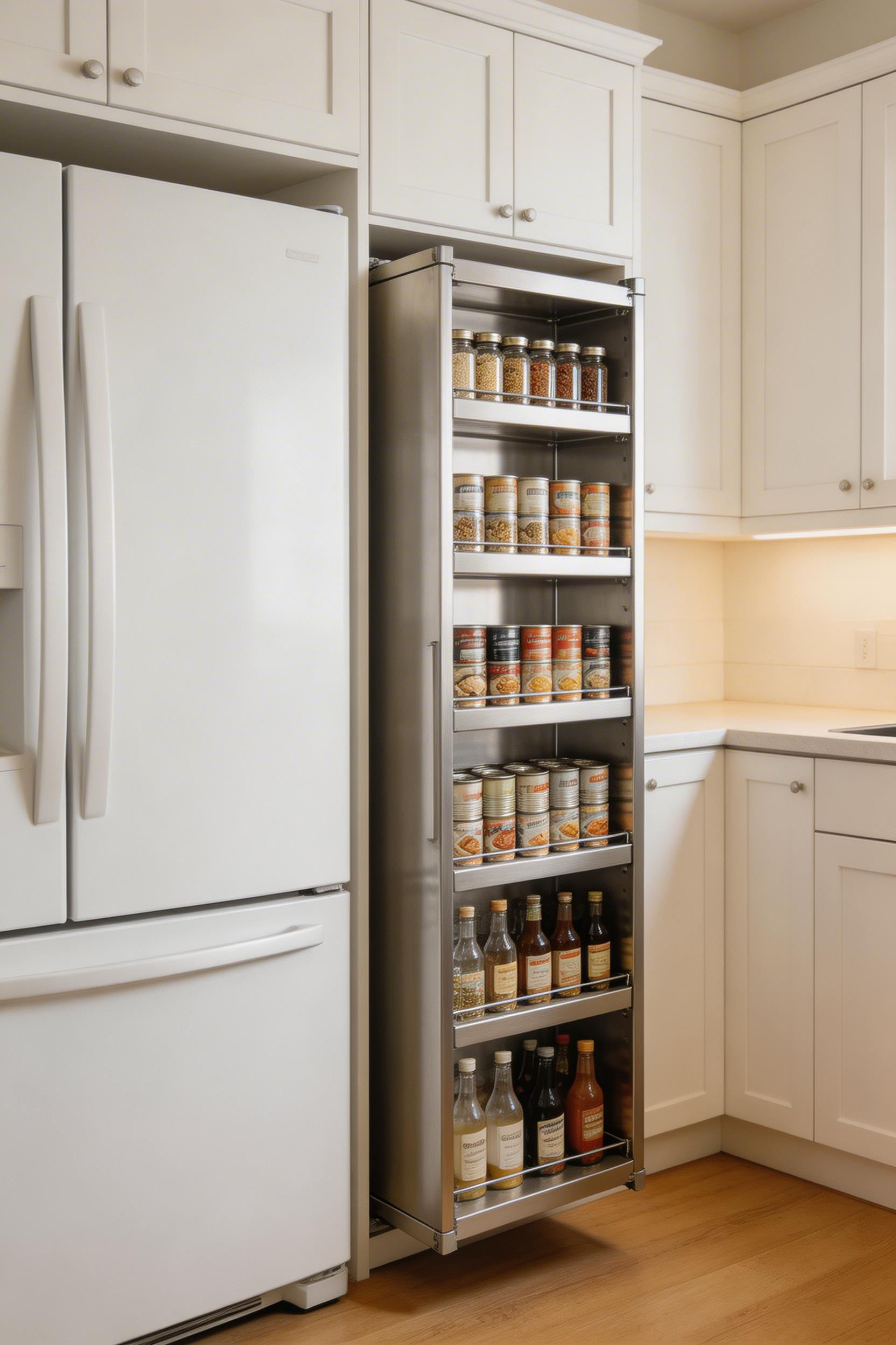 A pull-out pantry tower turns the wasted gap beside the refrigerator into genuine storage for cans, spices, and small bottles.