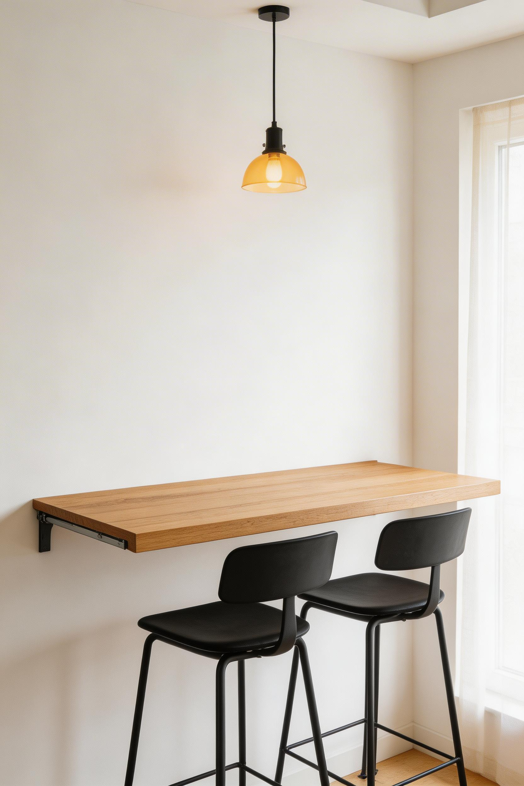 A fold-down wall-mounted breakfast bar creates a dining surface in kitchens too small for a conventional table — and it disappears completely when not in use.