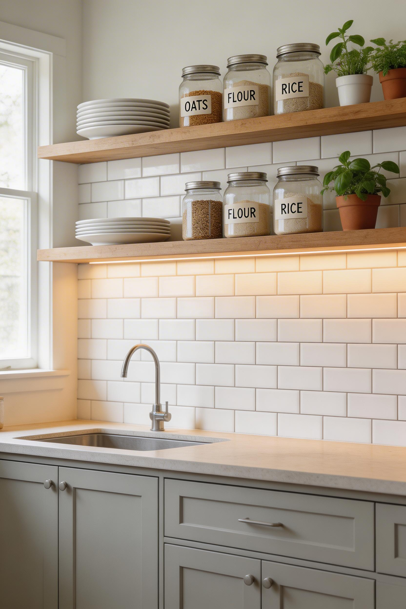 Open shelving transforms a tight kitchen by removing the visual barrier of upper cabinet doors, letting the eye travel all the way to the back wall.