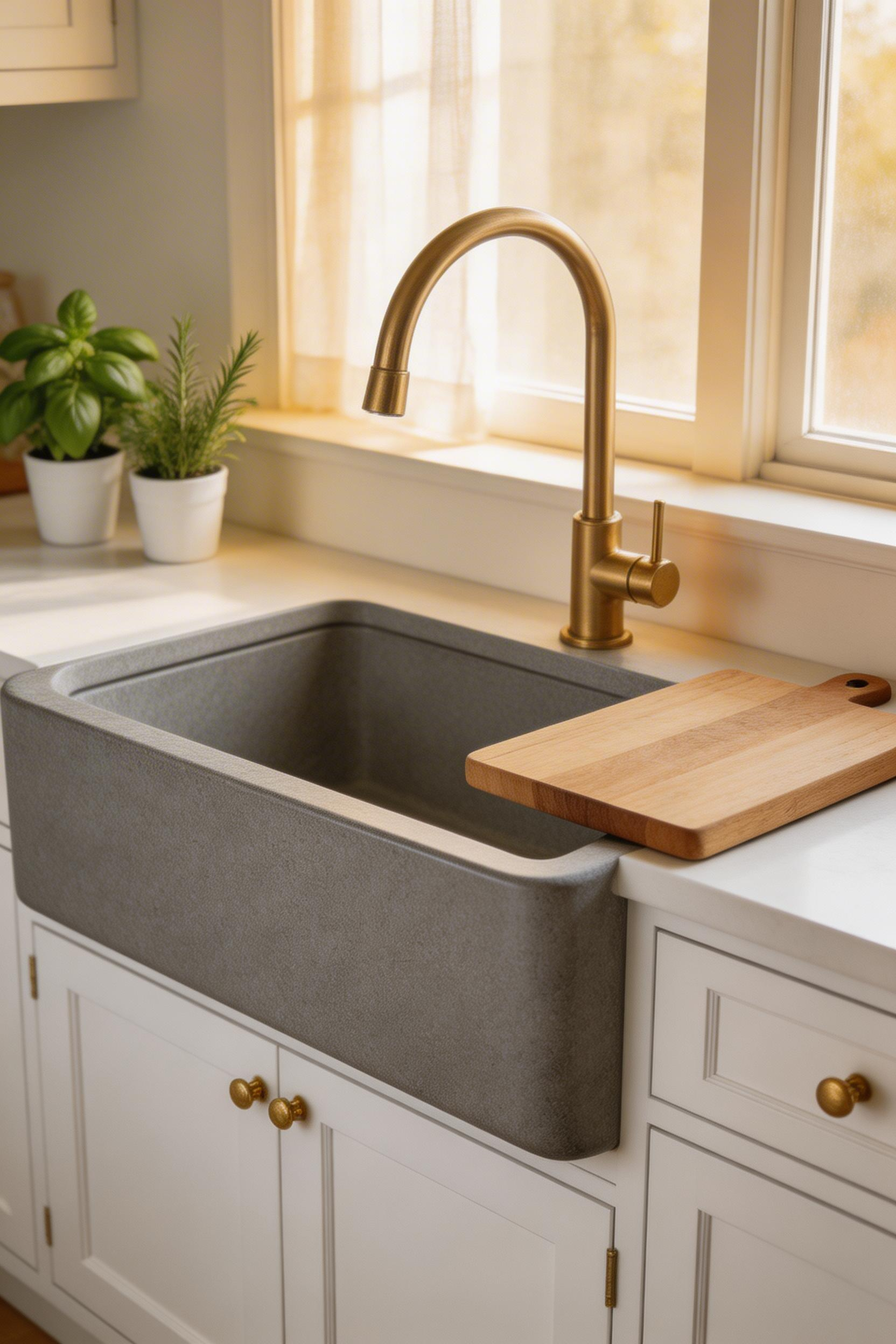 A deep single-basin farmhouse sink handles large cookware with ease and completely anchors the kitchen's design — one of the most functional upgrades in small kitchen remodeling.