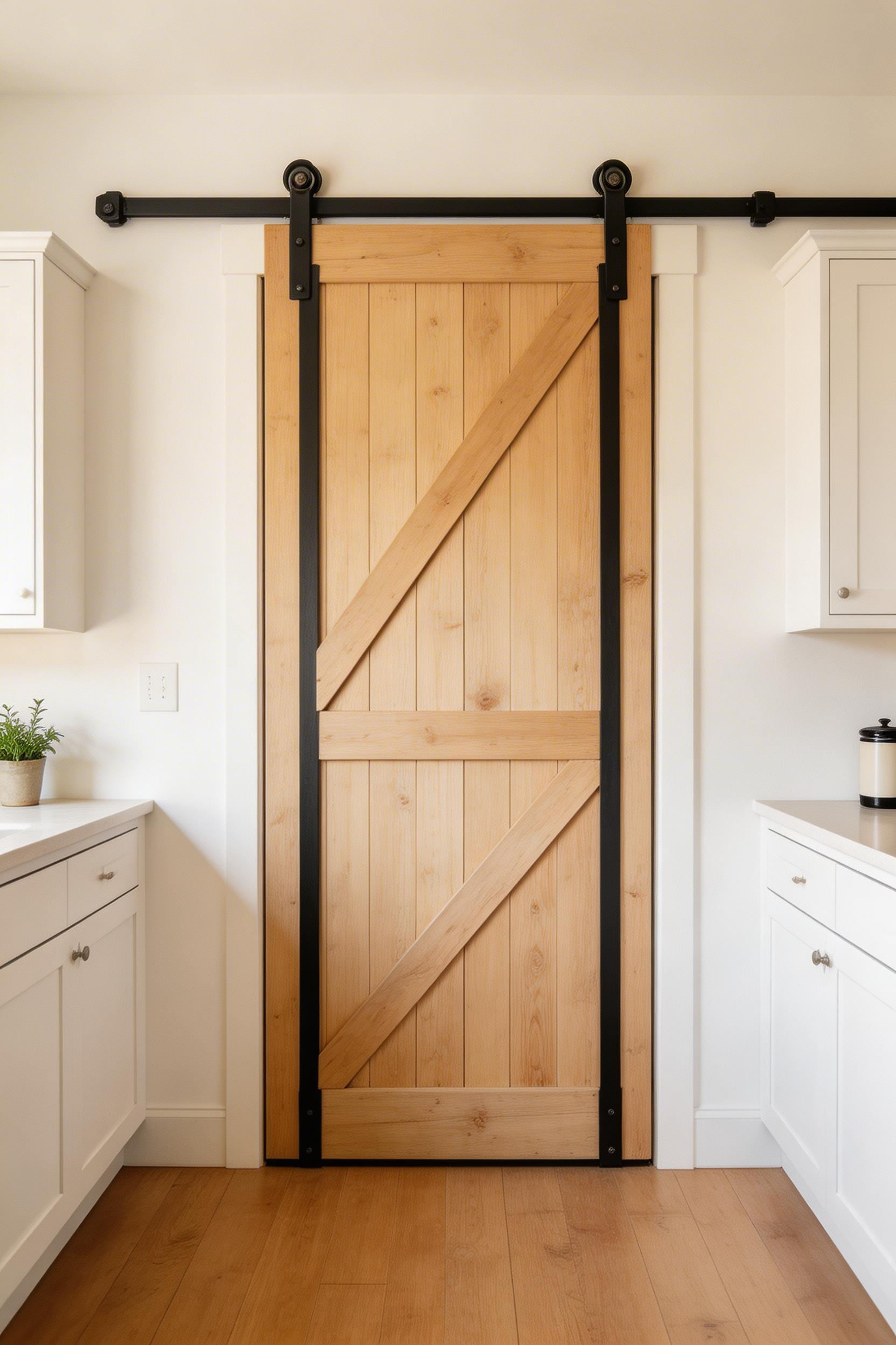 Replacing a hinged pantry door with a sliding barn door gives back the swing clearance to the kitchen floor — a small but meaningful gain in a tight layout.