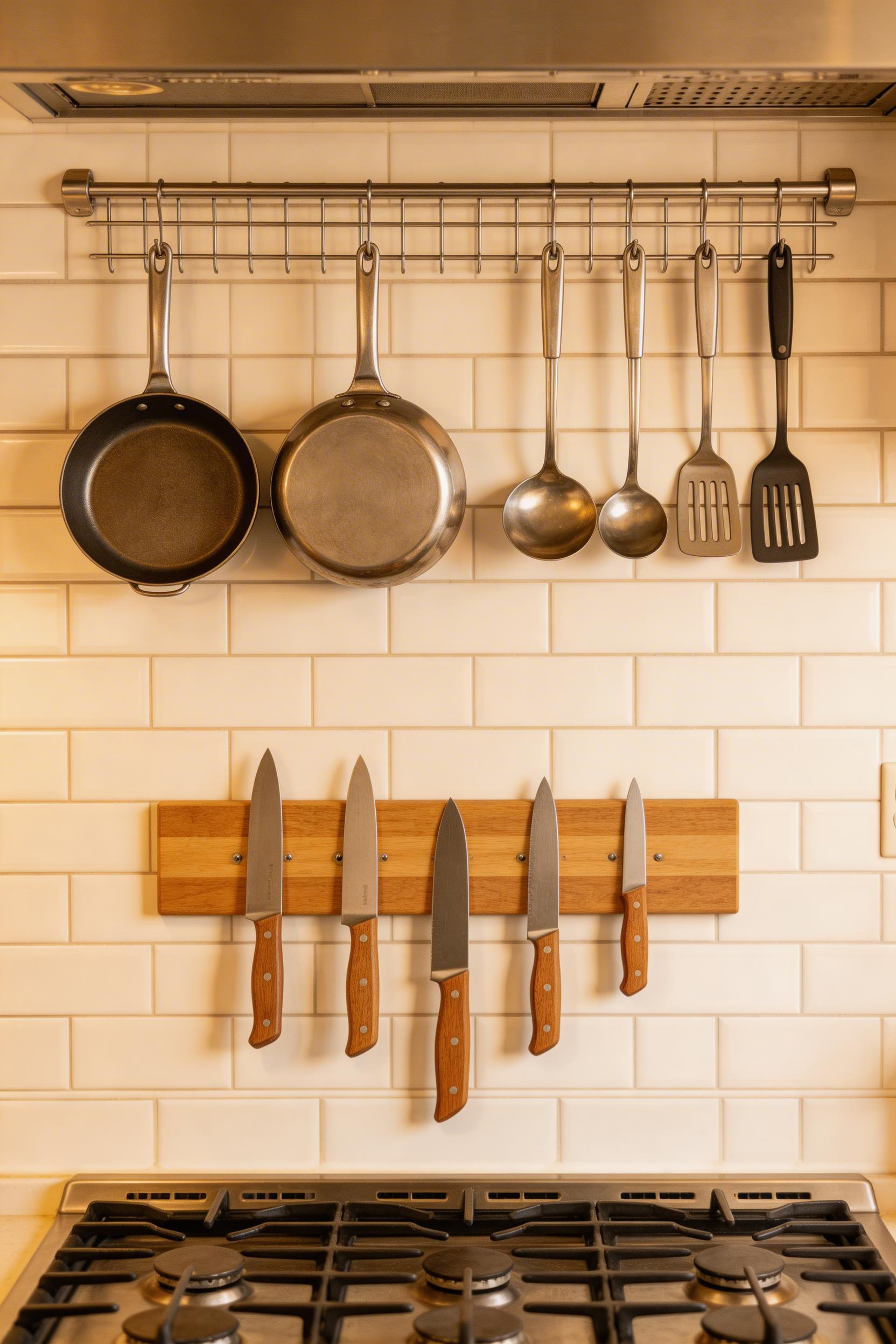 Wall-mounted rails and magnetic strips move pots, knives, and utensils off the counter without reducing storage — a quick win in any small kitchen remodel.