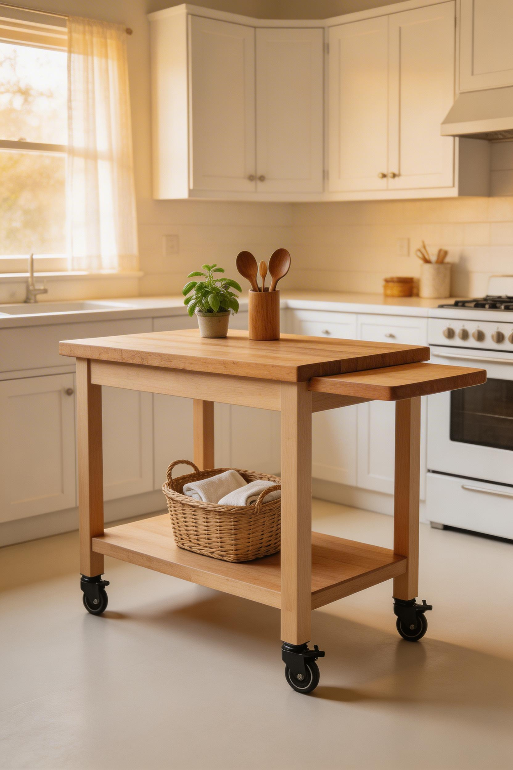 A rolling kitchen island adds flexible prep space that you reposition as needed — far more practical than a fixed island in a tight kitchen.