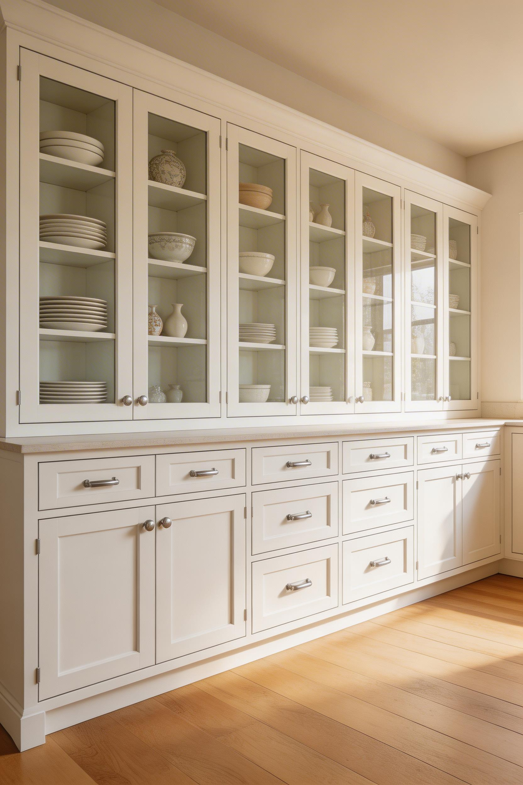 Extending cabinets to ceiling height reclaims the most wasted storage area in most kitchens — and glass-front upper doors keep the tall run from feeling heavy.